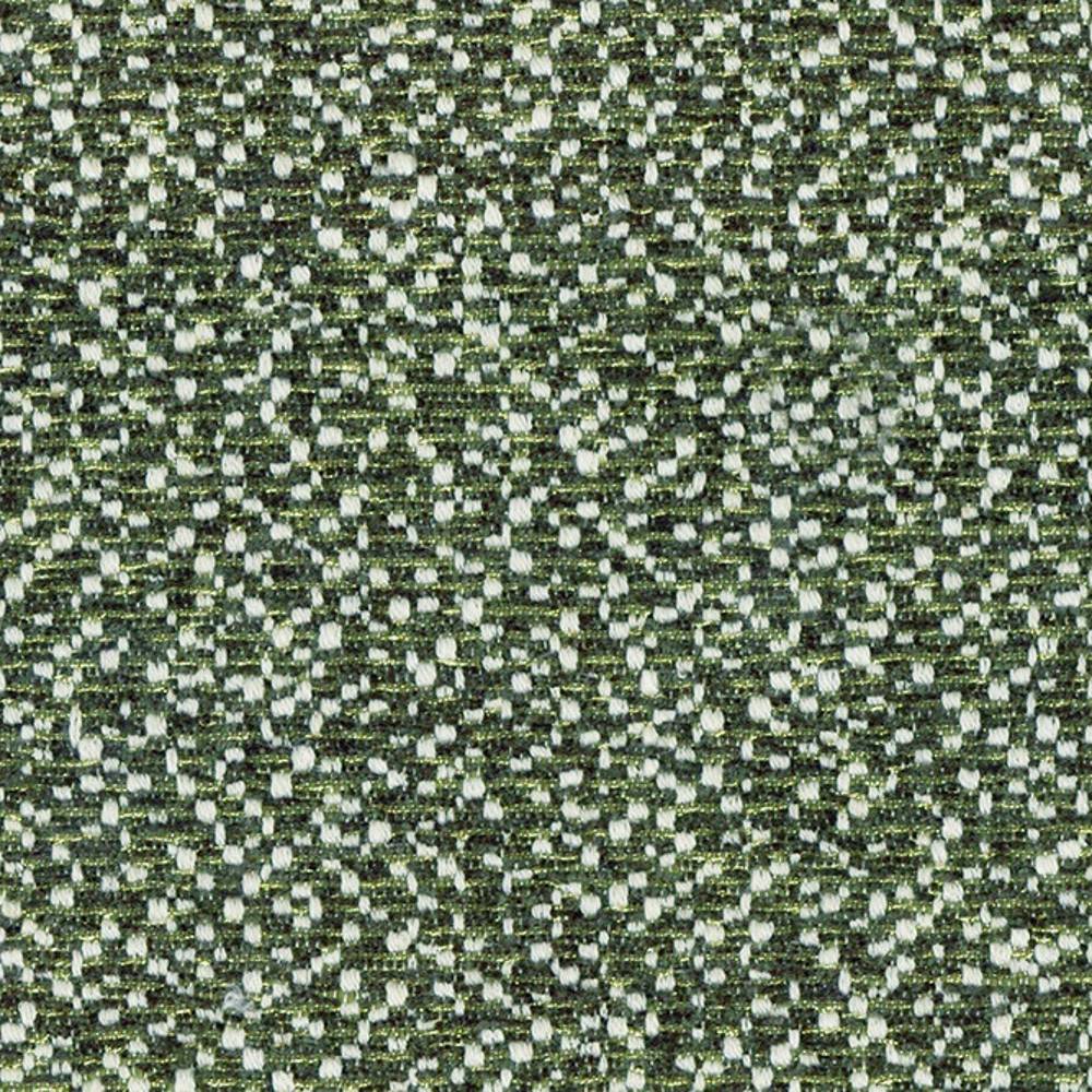 Close-up of green-and-white speckled woven upholstery fabric showing a textured looped weave; 70% polyester, 5% linen and 25% viscose blend suited for contemporary sofas.
