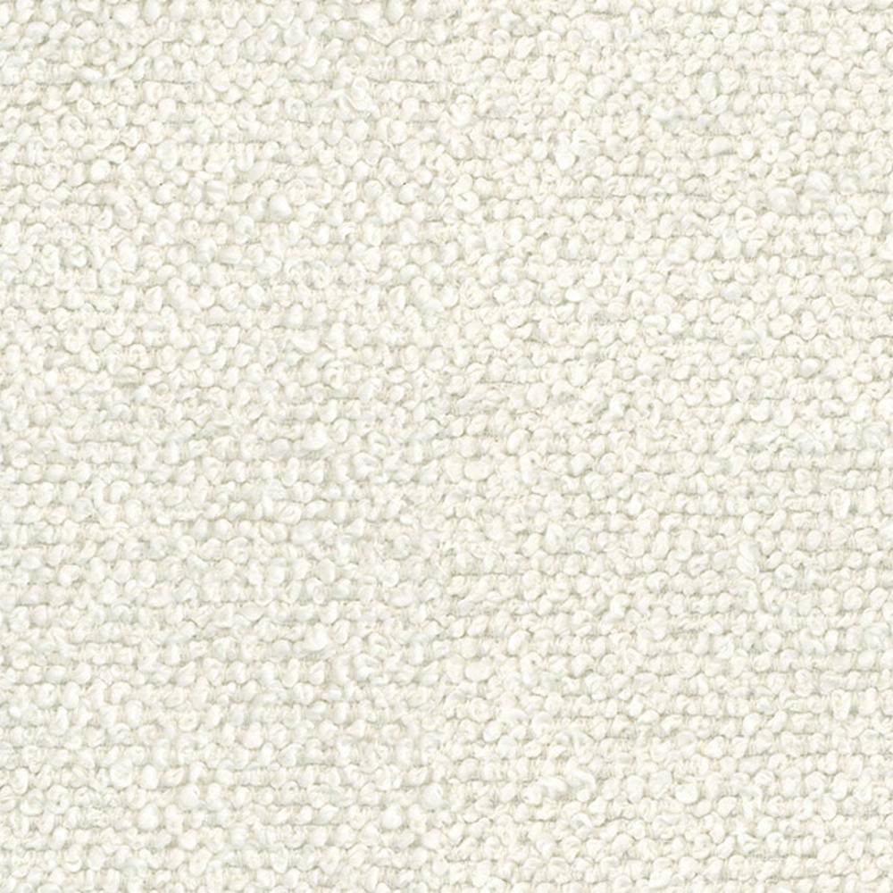 Close-up of cream-white boucle upholstery fabric showing a nubby looped texture; 100% polyester suitable for sofas and indoor upholstery.