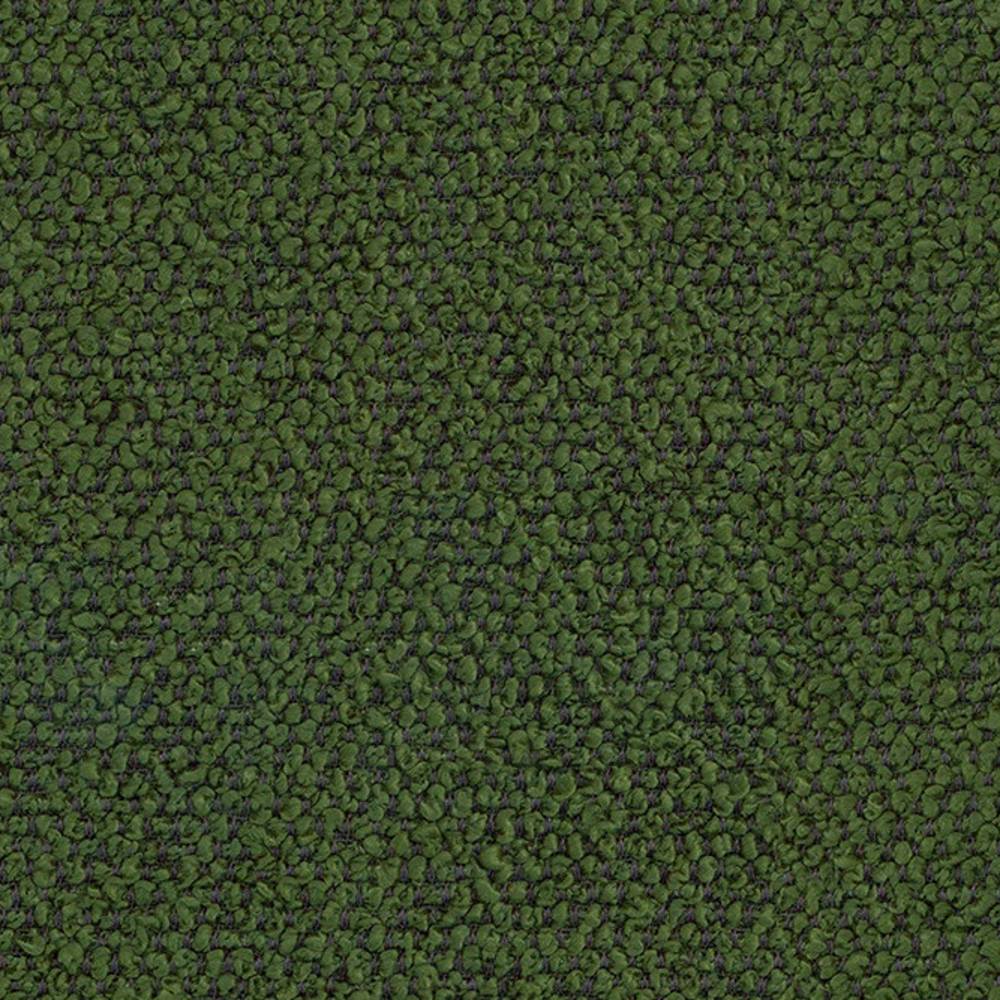 Close-up of deep green boucle upholstery fabric with dense looped texture, 100% polyester, designed for indoor sofa upholstery.