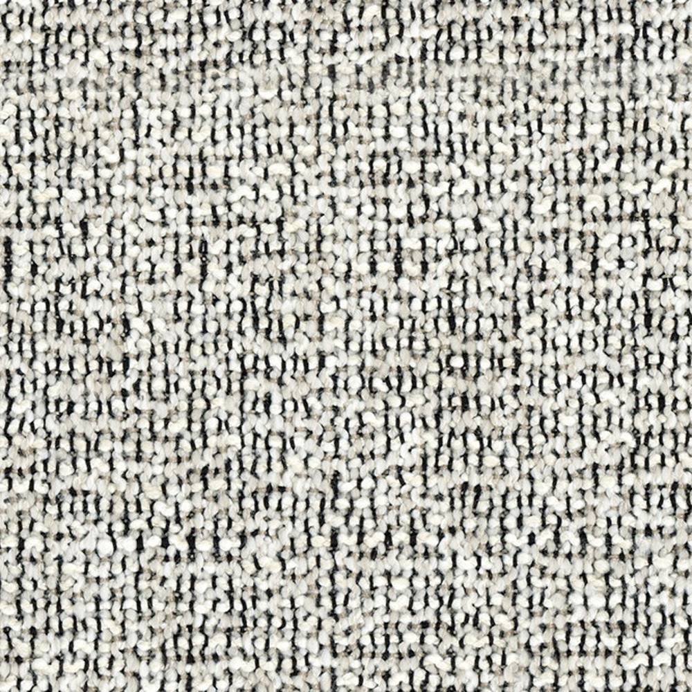 Close-up of cream and white looped bouclé upholstery fabric with dark flecked threads, showing a textured heavy-duty weave ideal for contemporary sofa upholstery (70% acrylic, 30% polyester).