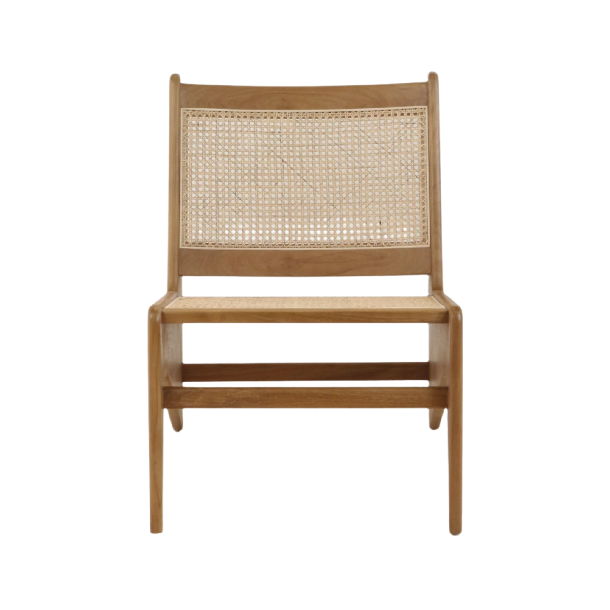 Armless low-back chair with a solid teak frame and woven cane seat and back in a natural wood finish, featuring mid-century modern lines and tapered legs.