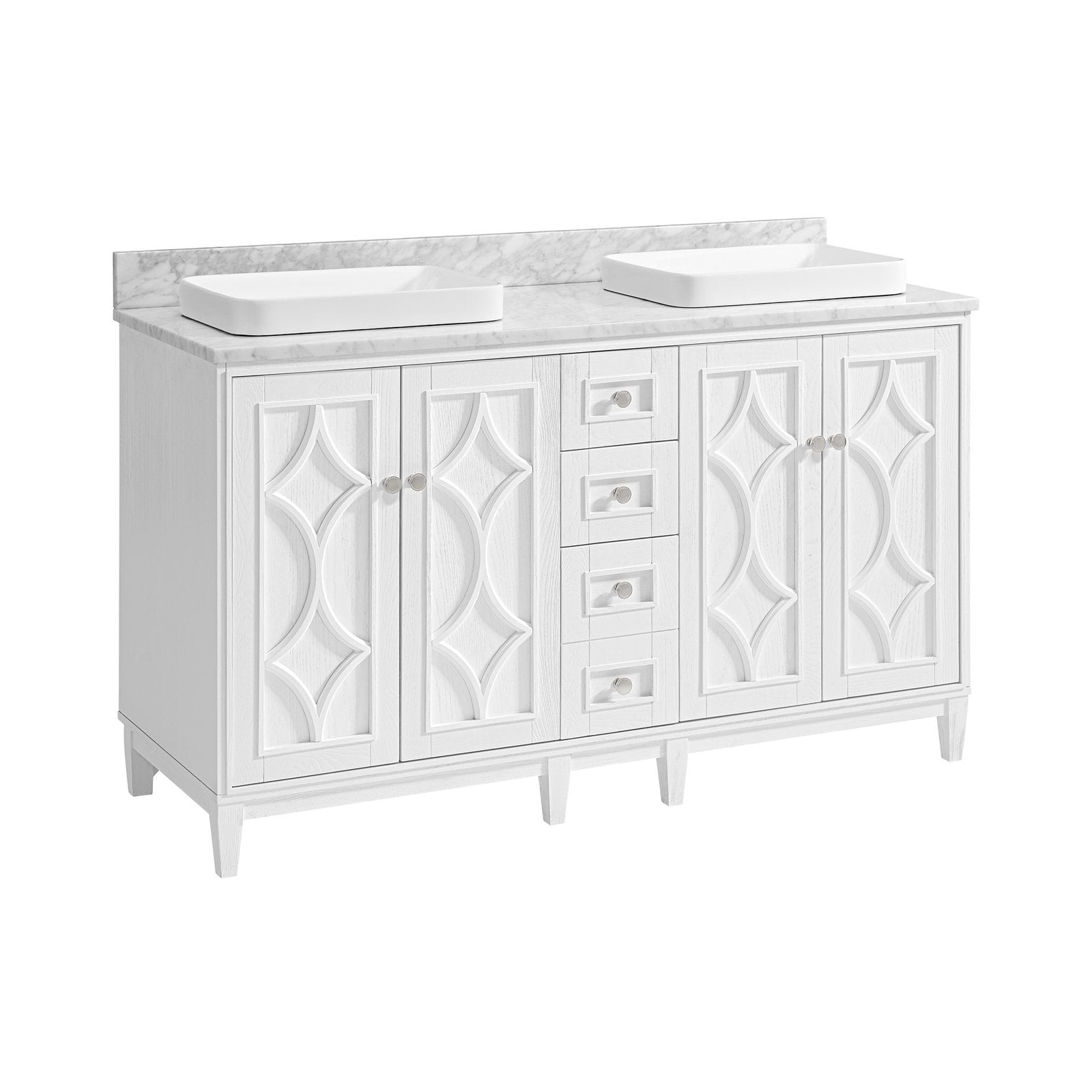 Freestanding 60-inch white solid wood bathroom vanity with stone top, two rectangular white vessel sinks, central stacked drawers, decorative raised-panel doors and round metal knobs.
