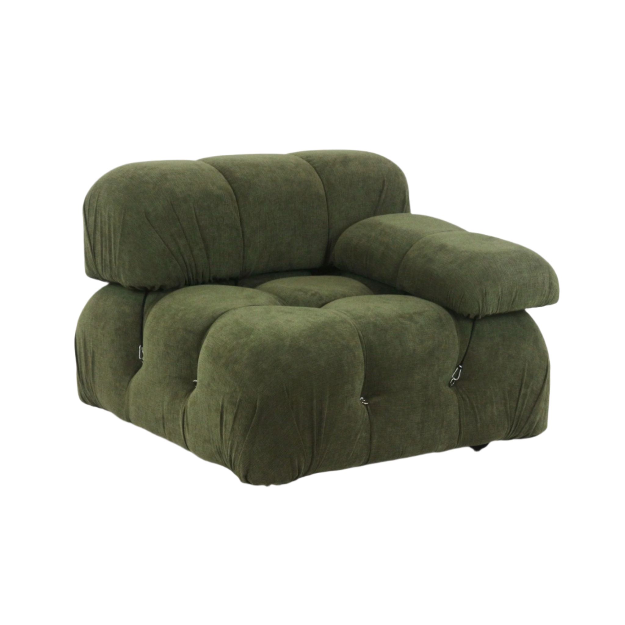 Olive green fabric modular lounge chair with oversized rounded tufted cushions, a wide padded arm and visible metal strap clips, offering a low-slung modern upholstered silhouette.
