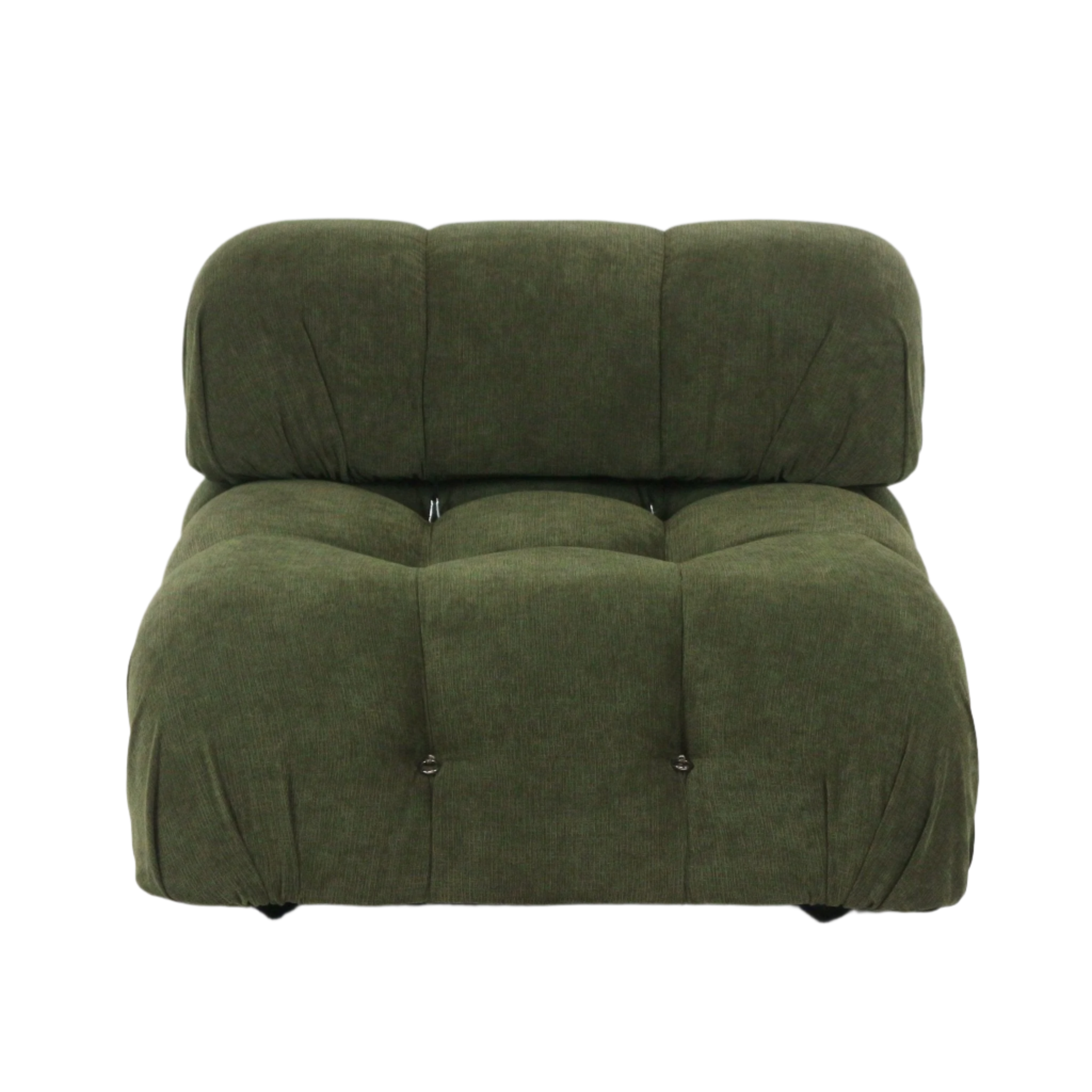 Olive green fabric armless sofa module with deep tufted seat and rounded pillow back, showcasing a low-profile modern design and soft upholstered texture.