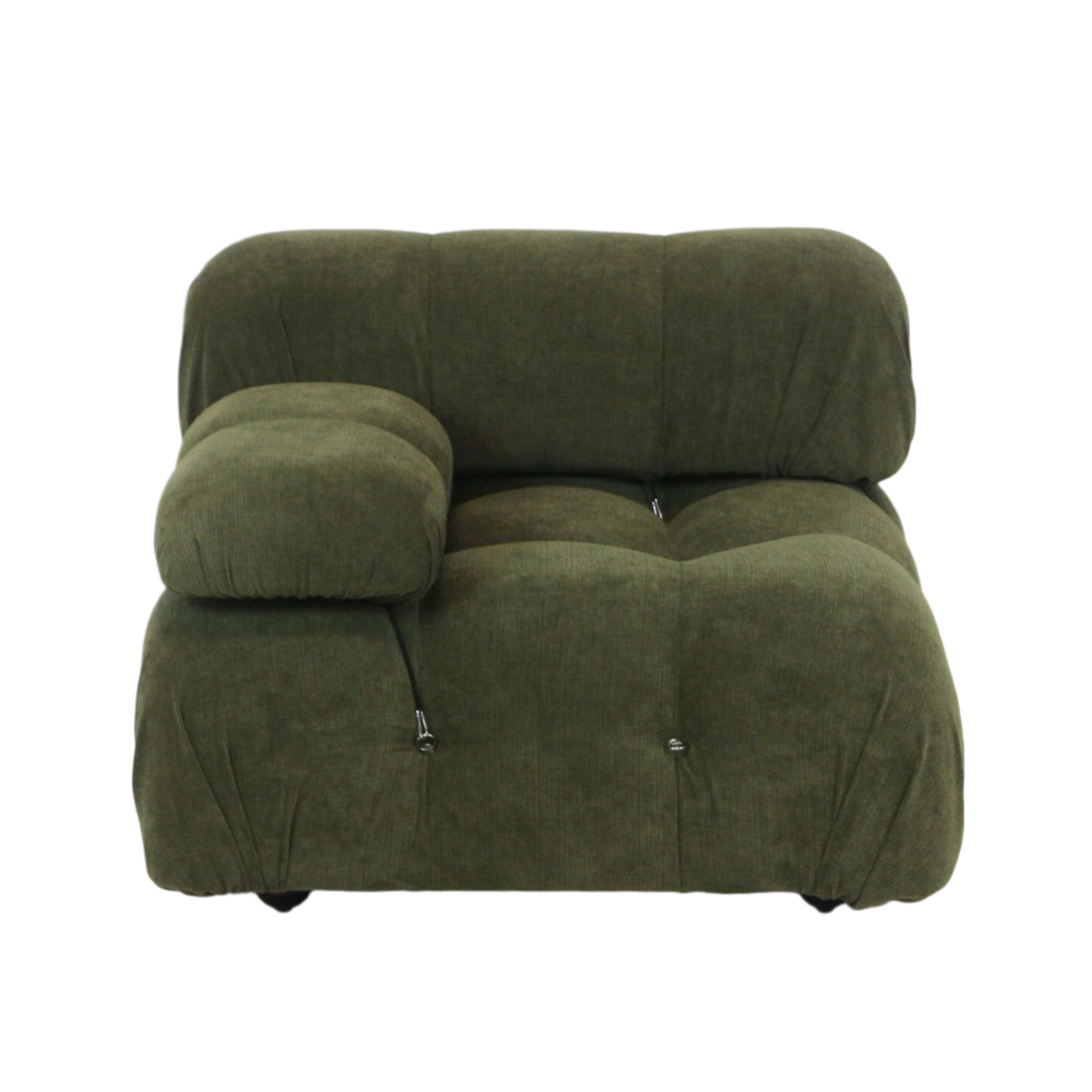 Olive green fabric single-seat left sectional module with plush tufted cushions, rounded low-profile modern silhouette and attached arm pillow, shown against a white background.