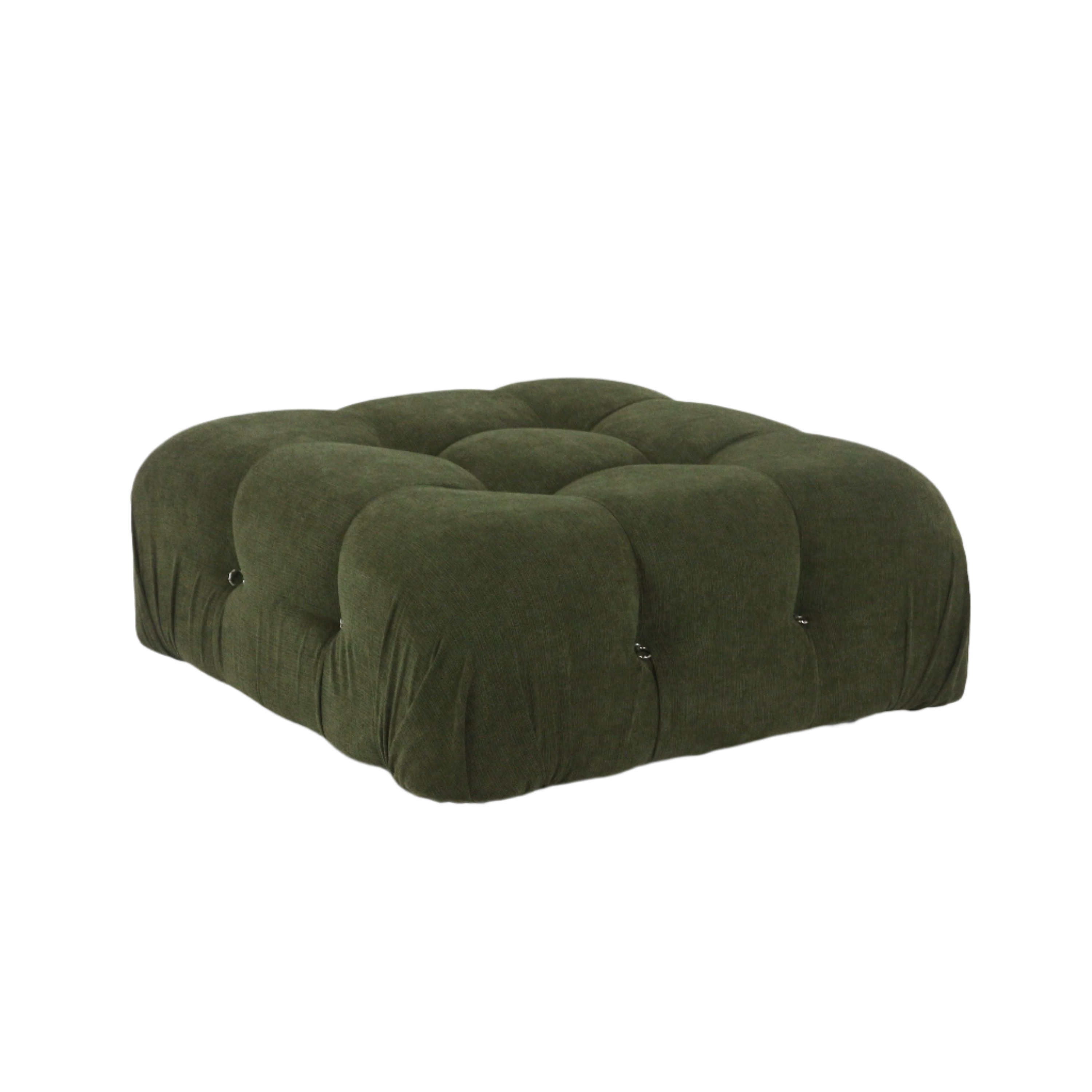 Square olive green fabric ottoman with deep button tufting and rounded cushioned sections, low-profile modern pouf with subtle metal button accents.