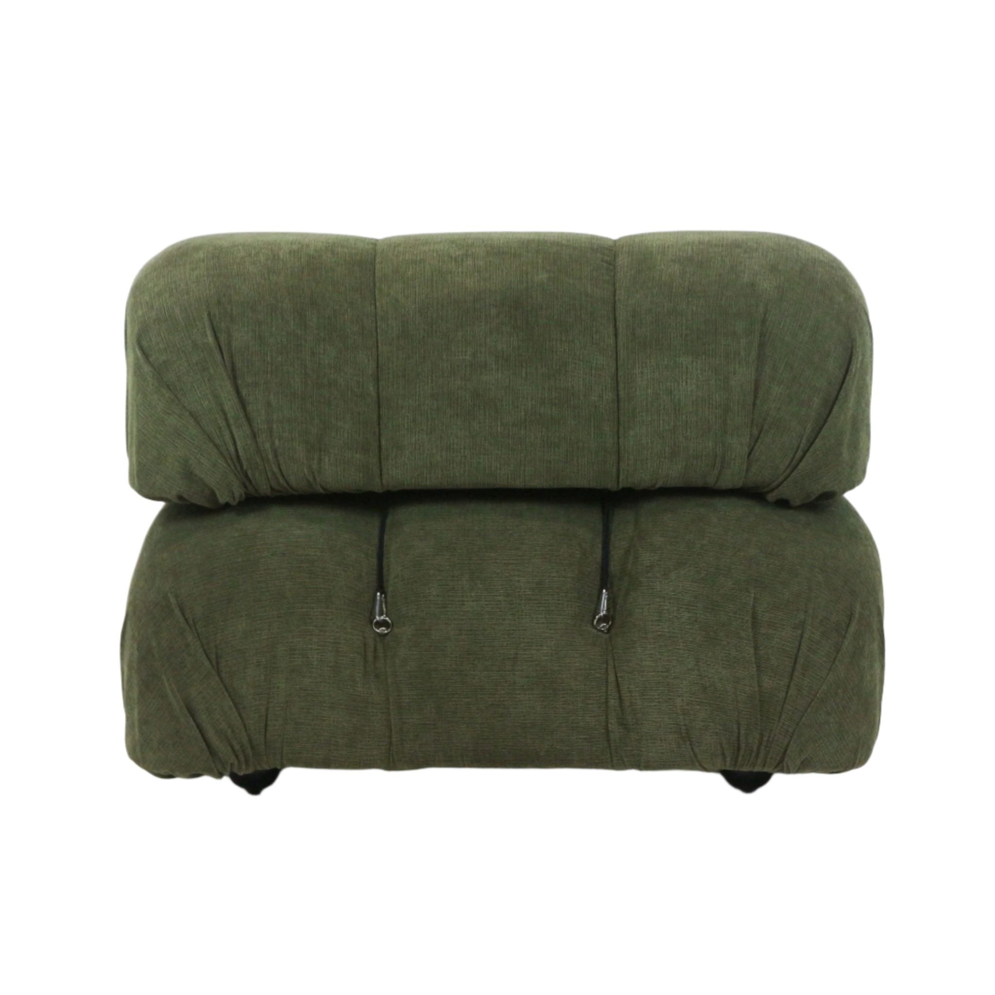 Front-facing olive green upholstered sofa section with rounded padded back and seat, visible vertical seams, two black pull cords with metal ring pulls, and low black wooden legs.