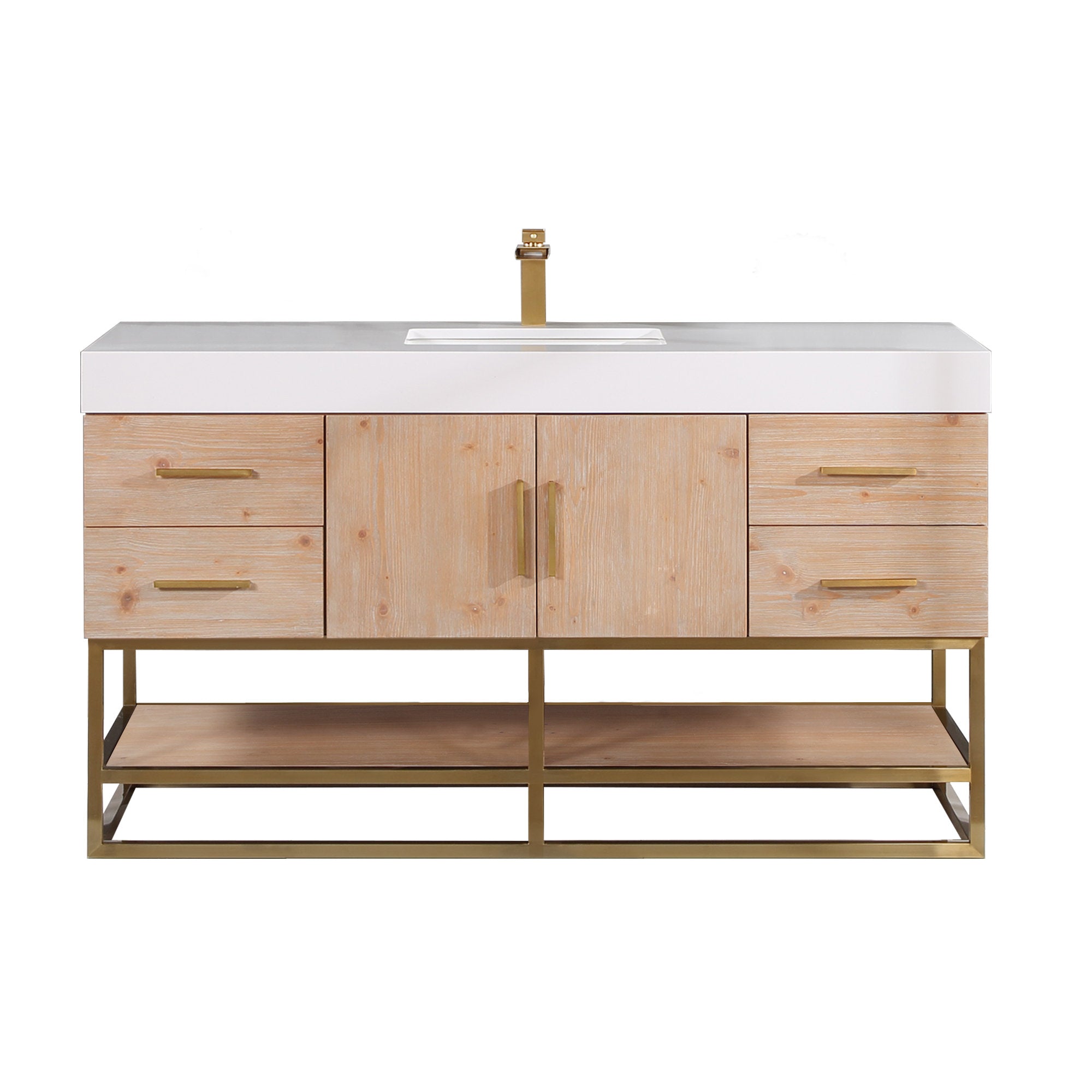 Modern 60-inch single-sink bathroom vanity in light natural wood with a white composite stone top, rectangular undermount sink, brass-finish faucet and handles, and an open brass metal base with lower wood shelf.