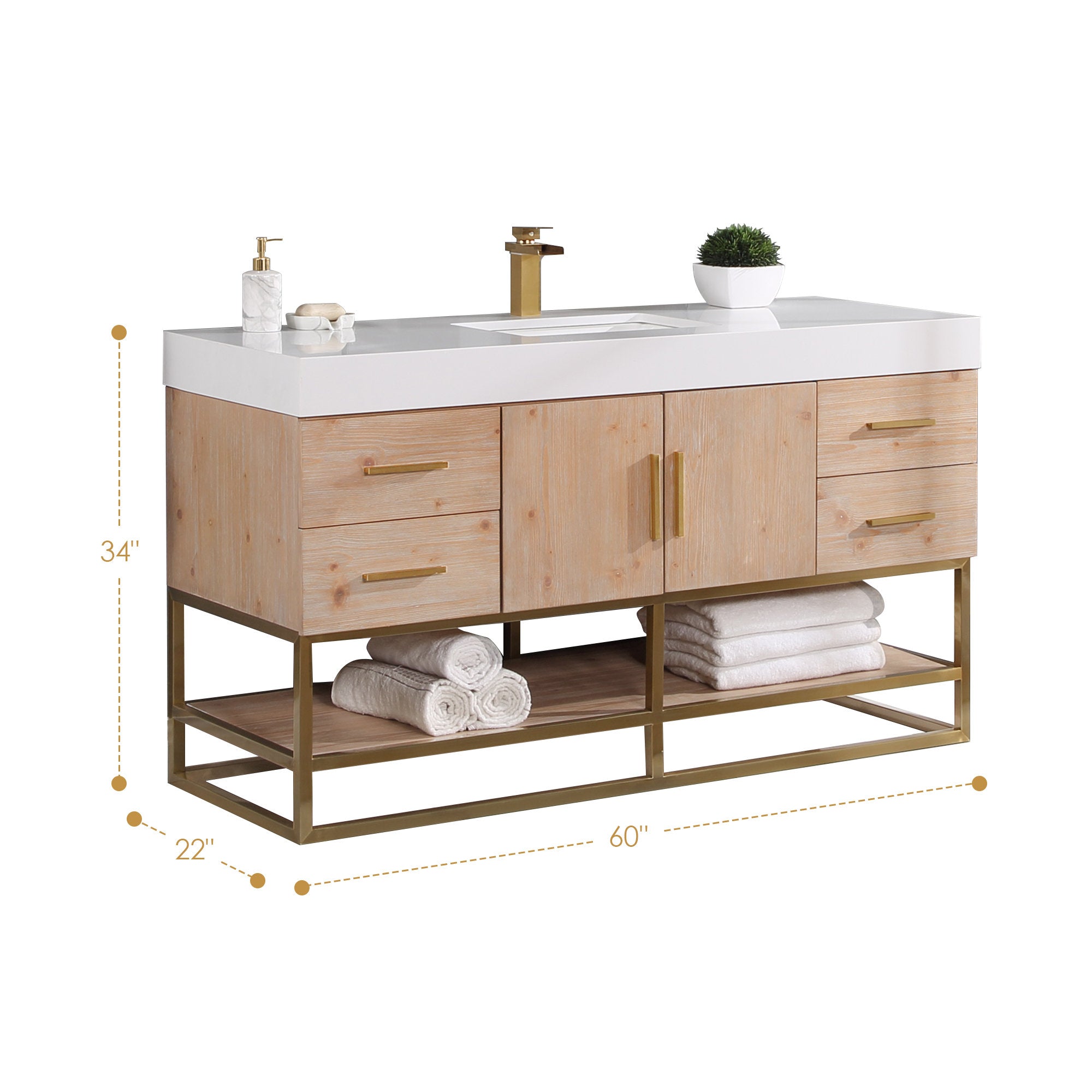 60-inch single-sink bathroom vanity with a white composite stone top and rectangular undermount sink, light natural wood cabinet, brass hardware and metal base, open lower shelf holding folded towels.