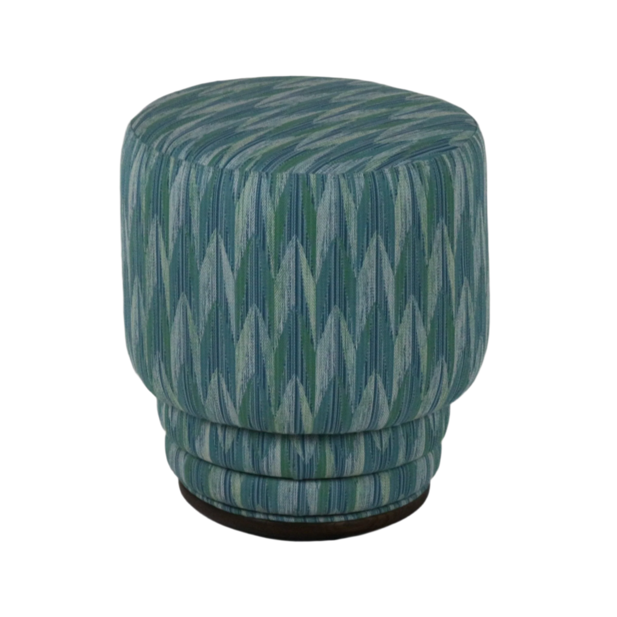 Round modern ottoman upholstered in blue-green patterned fabric with vertical chevron stripes, stacked-rolled lower detail and a dark wooden base.