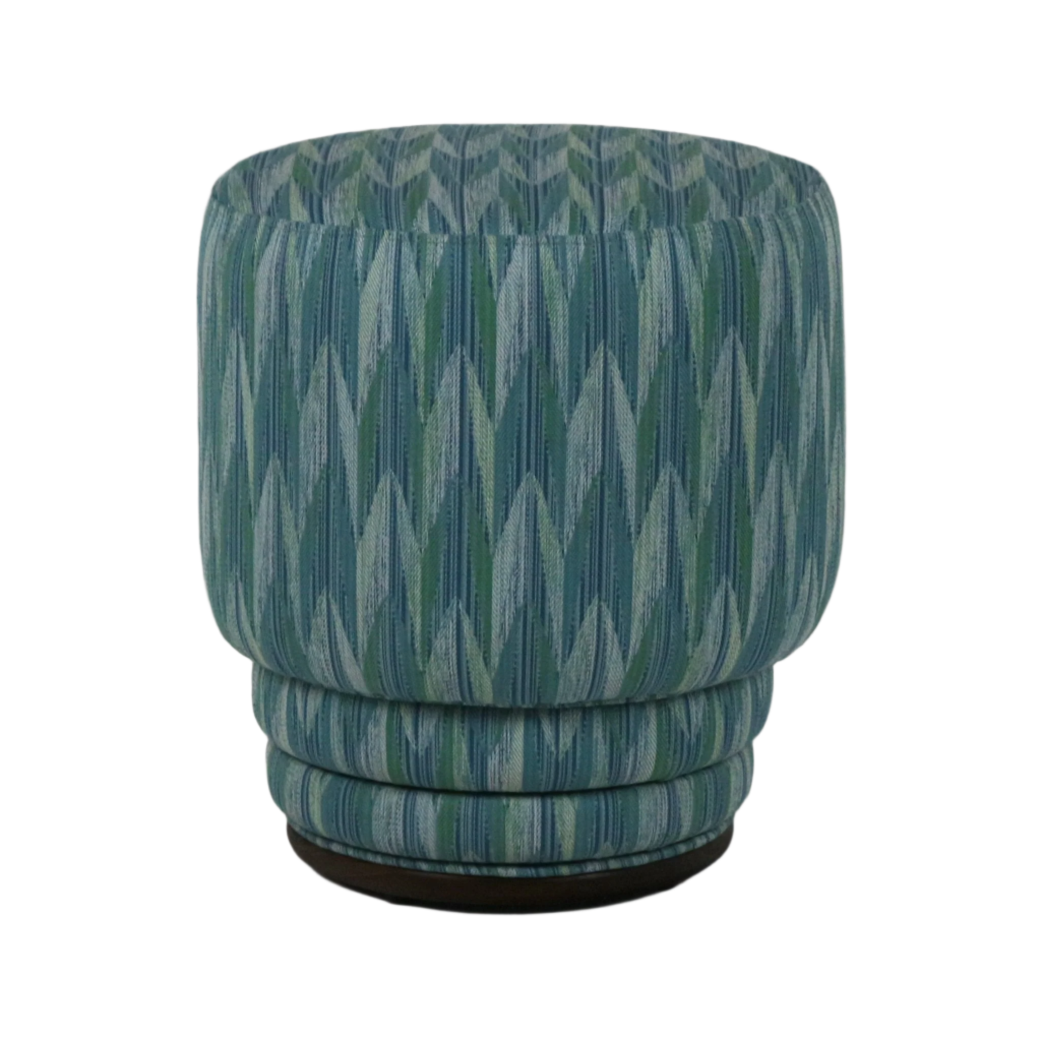 Round modern ottoman upholstered in blue-green performance fabric with a vertical chevron pattern, featuring a stacked-ring profile and a low dark wooden base.