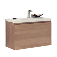 Modern floating solid wood bathroom vanity in stone finish with a white stone top, integrated single sink, chrome single-handle faucet and one flat-panel soft-close drawer.
