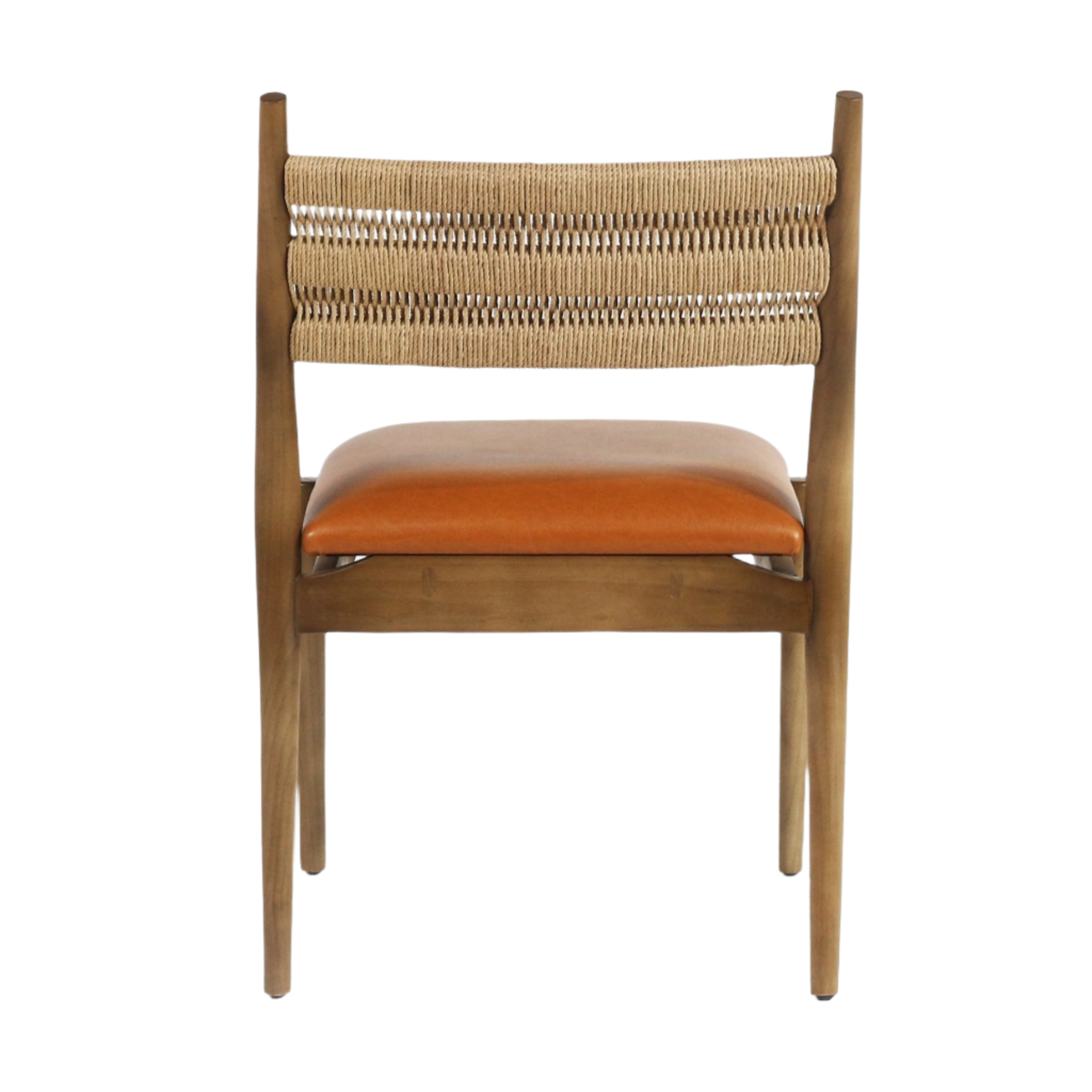 Front view of a coastal-style side chair with a woven natural rope back, caramel tan faux leather seat cushion and a warm natural wood frame.