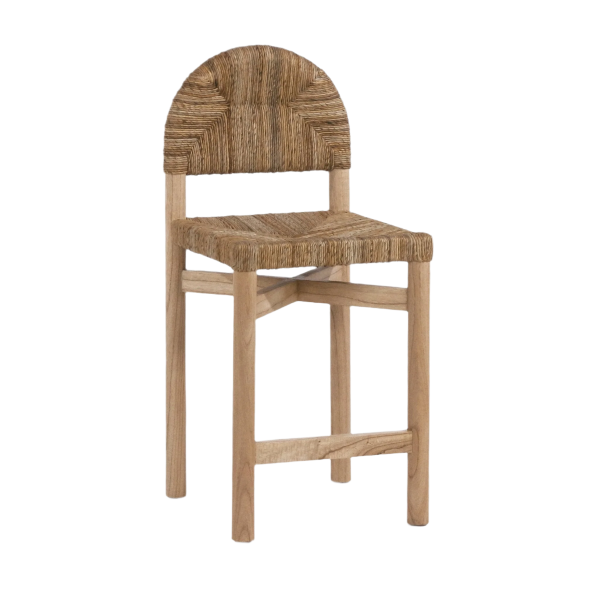 Coastal counter-height stool with a light oak frame and handwoven natural rope seat and rounded arched back, featuring square legs, cross supports and a front footrest.