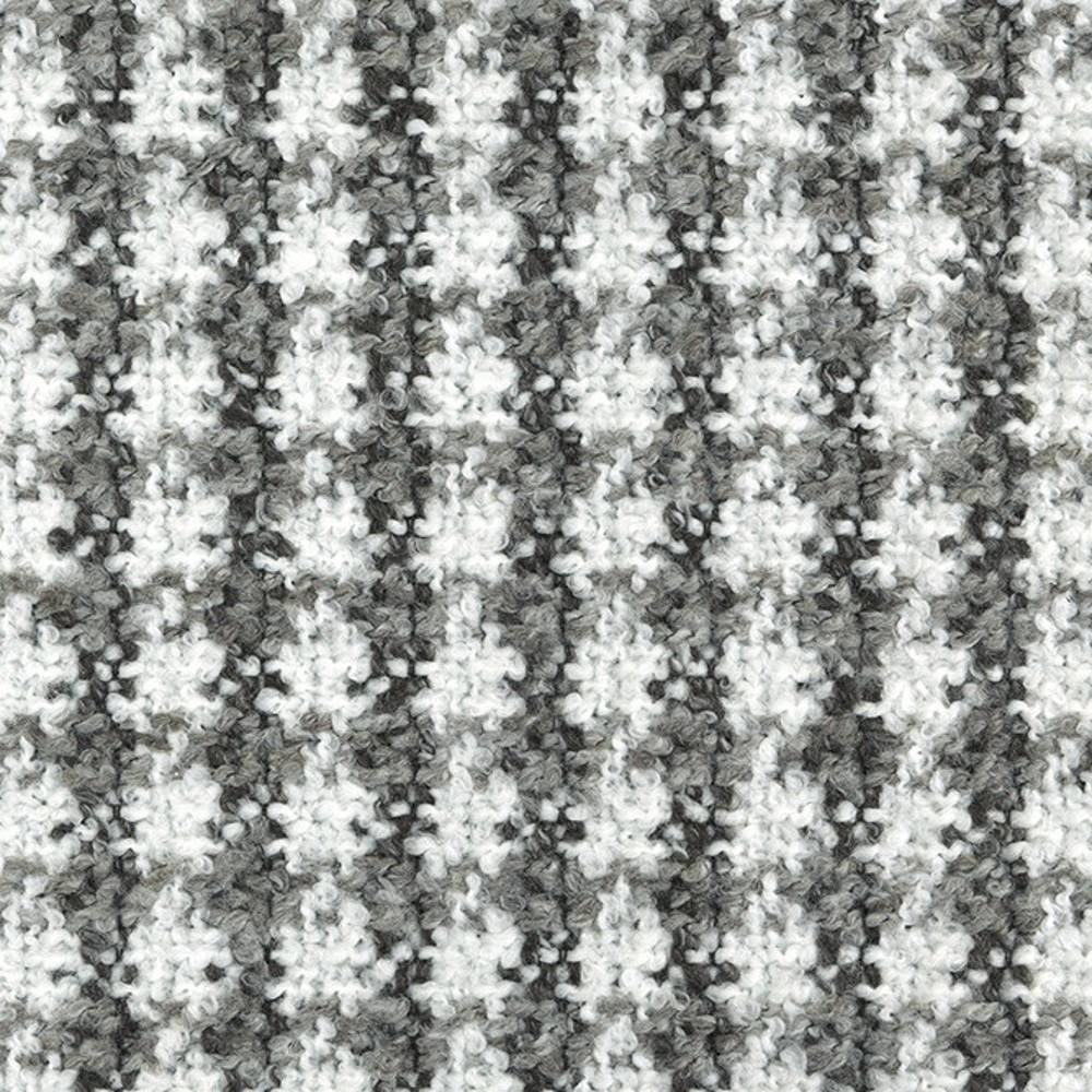 Close-up of gray and white boucle upholstery fabric in a small-scale check pattern, 70% acrylic and 30% polyester, showing textured looped yarn ideal for contemporary sofa upholstery.