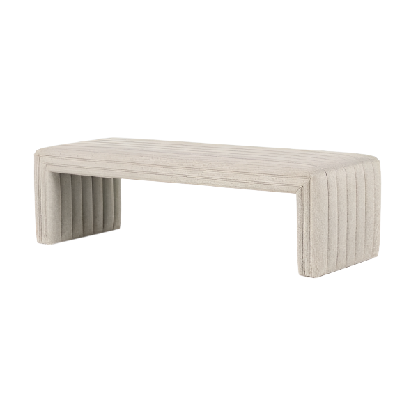 Beige natural fabric upholstered end-of-bed bench with channel-stitched ribbed upholstery, curved U-shaped ends and low-profile silhouette over an internal solid wood frame in a modern coastal style.