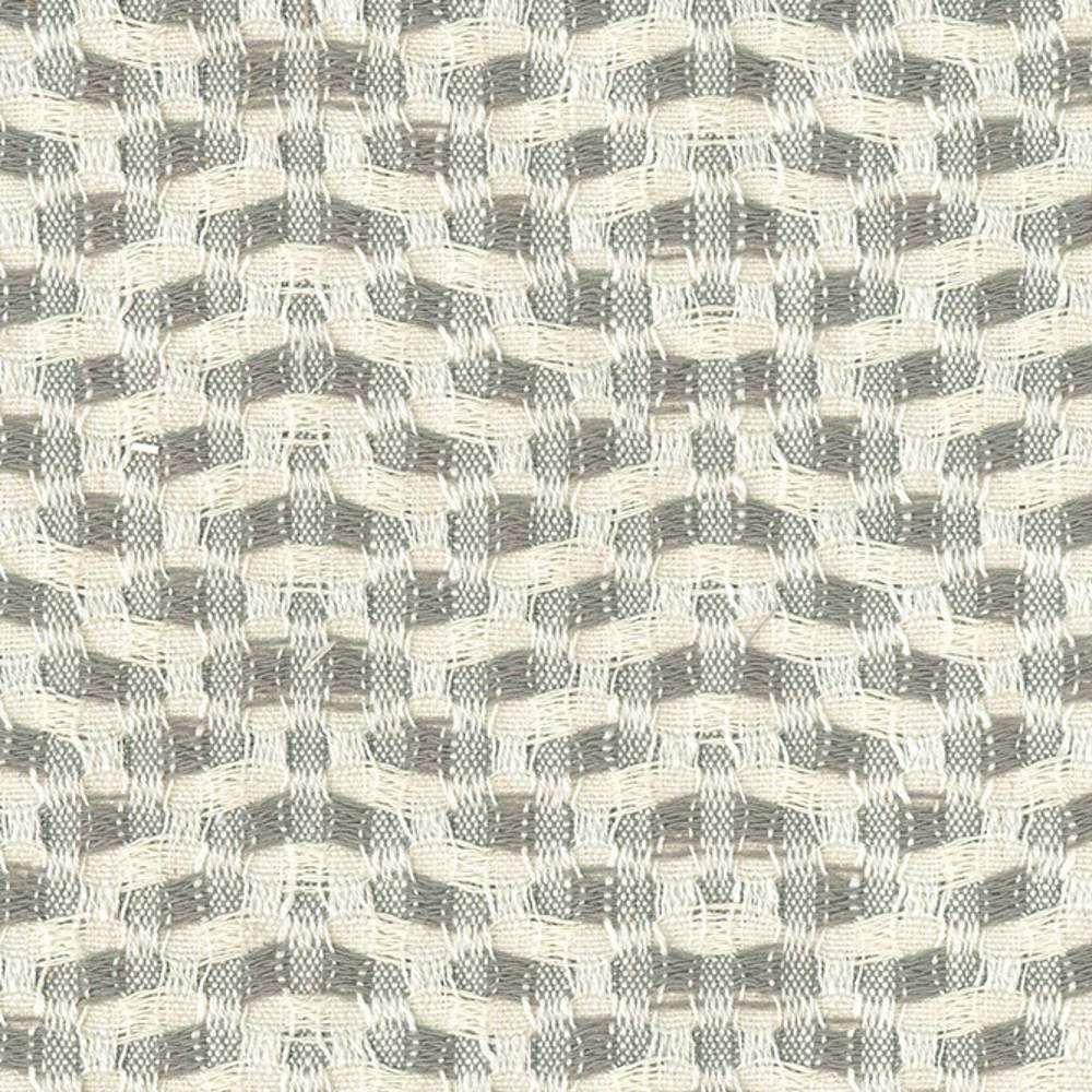 Close-up of textured woven upholstery fabric in neutral light gray and off-white, showing a subtle wave-like basketweave pattern in a 10.5% linen, 24.5% rayon and 65% polyester blend suitable for sofas.