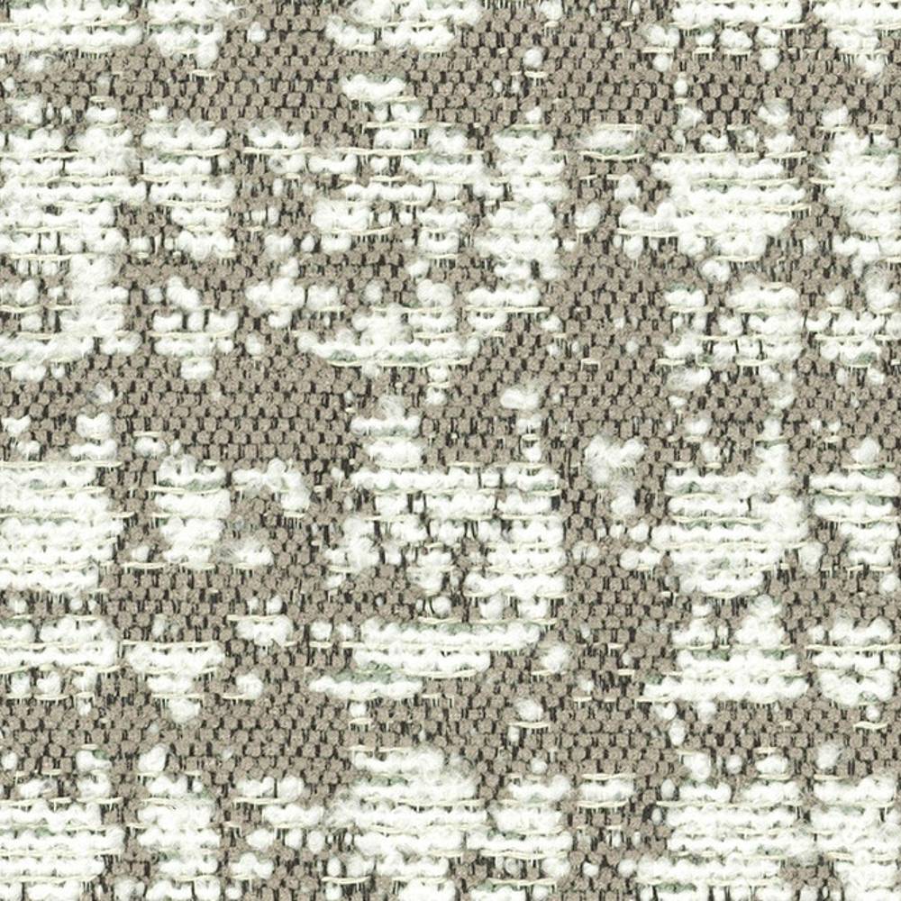 Close-up of neutral beige woven upholstery fabric with raised white boucle-like yarns creating a subtle abstract pattern; textured contemporary sofa fabric made from viscose, acrylic and polyester.
