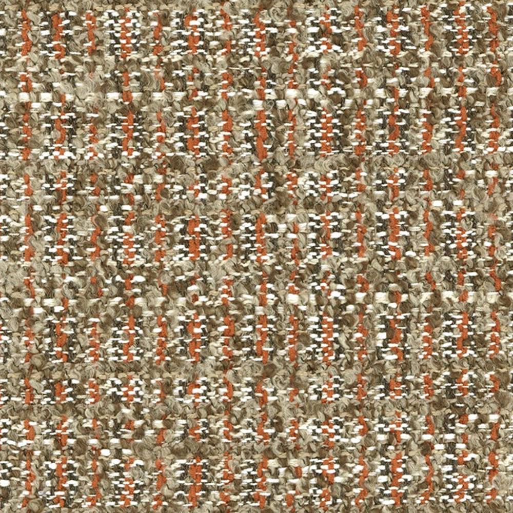 Close-up of boucle upholstery fabric showing a neutral beige-brown base with orange accent threads and white flecks in a looped textured weave; fabric made of polyester, acrylic and viscose for contemporary sofas.