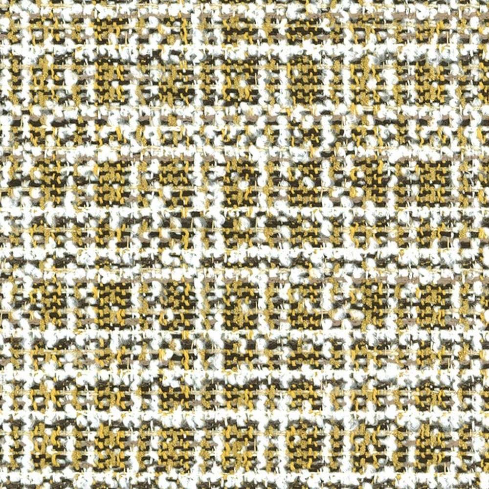 Close-up of boucle upholstery fabric in white, mustard and brown showing a woven tweed-like grid of looped polyester-blend yarns, highlighting textured loops and speckled color ideal for contemporary sofas.
