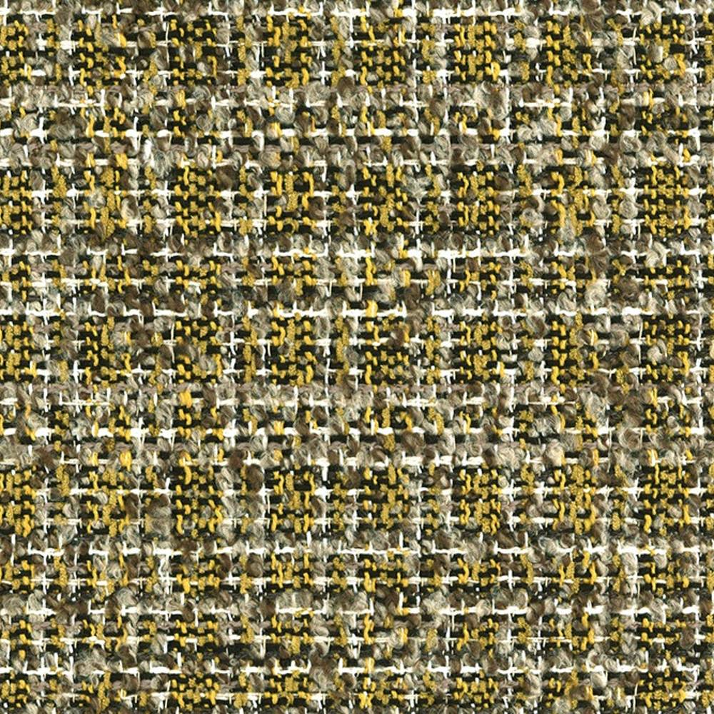 Close-up of boucle upholstery fabric showing a woven tweed pattern in mustard yellow, brown and cream with white warp threads and looped textured fibers, ideal for contemporary sofa upholstery.