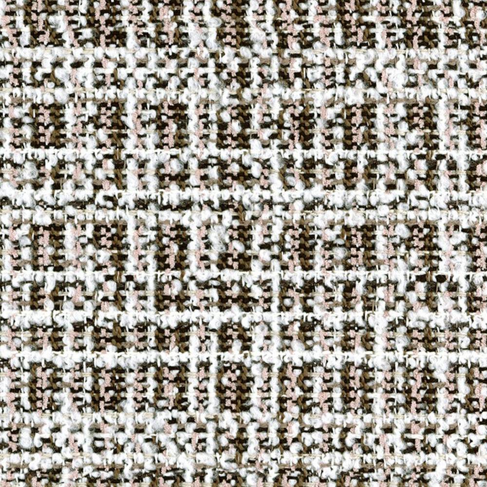 Close-up of cream and brown bouclé upholstery fabric showing looped yarn texture and woven tweed pattern with subtle pale-pink accents; suitable for contemporary sofas, 74% polyester, 14% acrylic, 12% viscose.