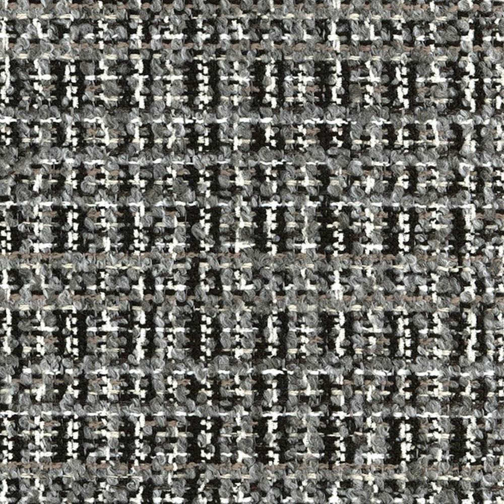 Close-up of gray, white and black boucle upholstery fabric showing looped woven texture in a subtle grid pattern; 14% acrylic, 12% viscose, 74% polyester.