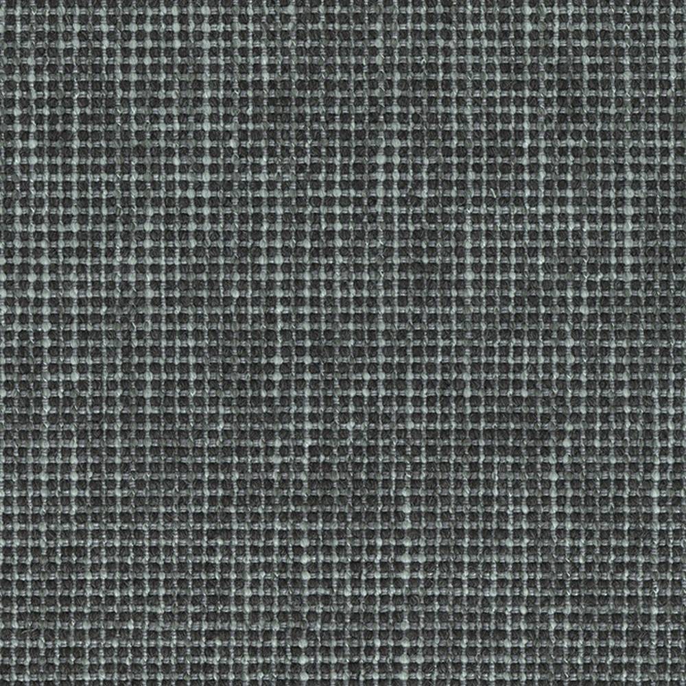 Close-up of neutral gray woven upholstery fabric showing a tight basketweave grid texture, a wool, linen, viscose, acrylic and polyester blend suitable for contemporary sofa upholstery.