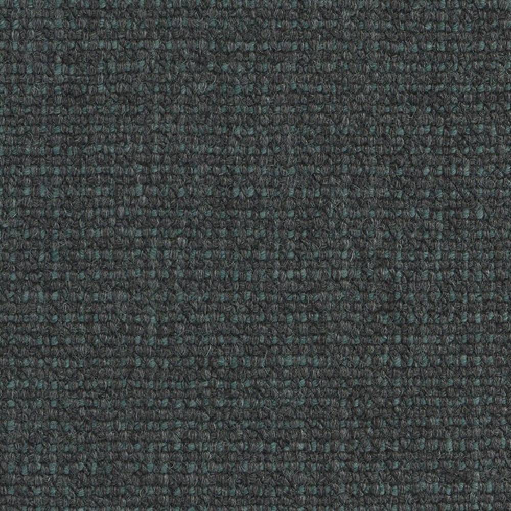 Close-up of dark charcoal fabric with subtle teal flecks and a tight boucle looped weave, suitable for sofa upholstery; 18% wool, 67% acrylic and 15% polyester.