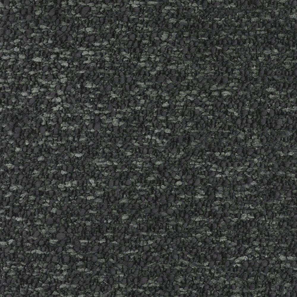 Close-up of dark charcoal bouclé upholstery fabric showing a nubby looped texture; wool-acrylic-linen blend ideal for contemporary sofas.