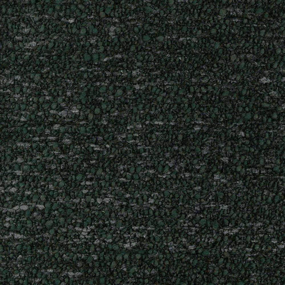 Close-up of deep green boucle wool-blend upholstery fabric showing dense pebble-like loop texture with charcoal-gray flecks, ideal for contemporary sofa upholstery.