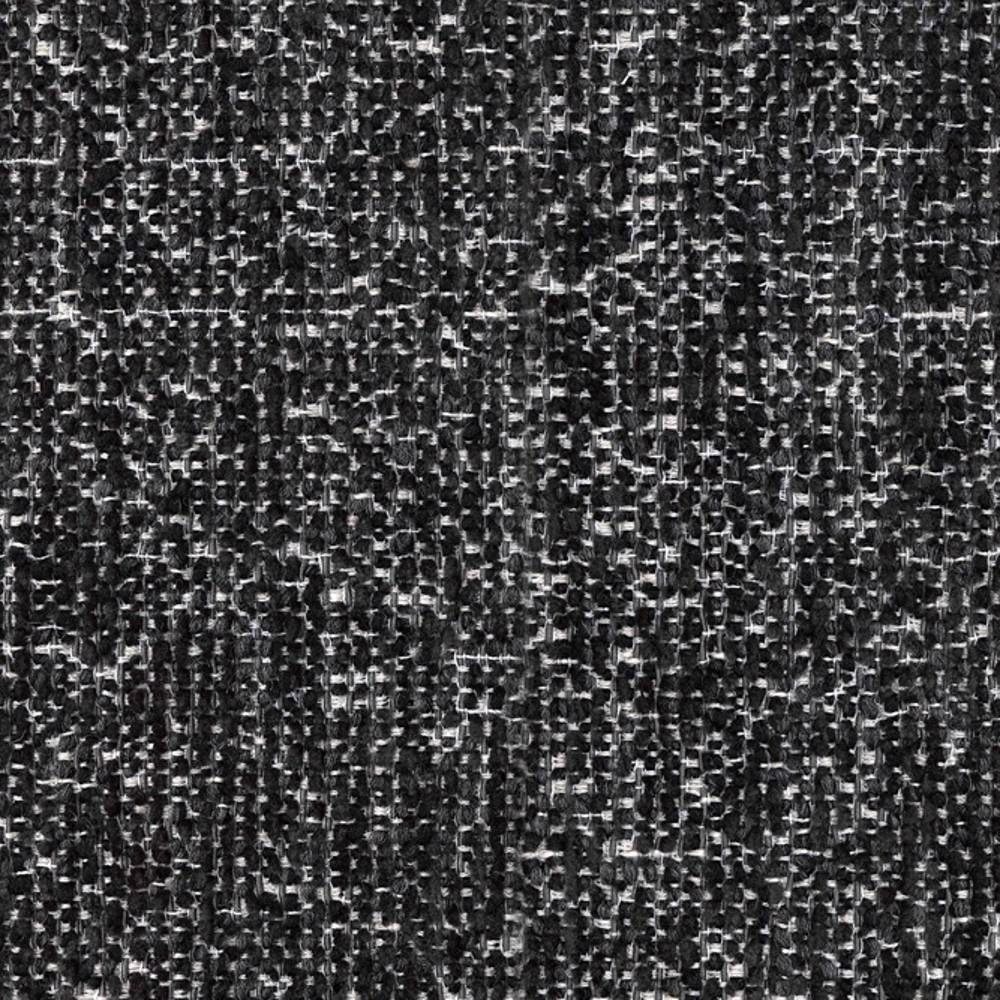 Close-up of neutral boucle wool-blend upholstery fabric in a dark charcoal weave with white flecks and dense textured loops.