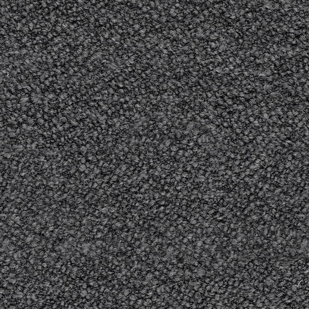 Close-up of charcoal boucle upholstery fabric showing dense looped texture; contemporary neutral fabric in a 12% wool, 25% acrylic, 63% triacetate blend suitable for sofas.