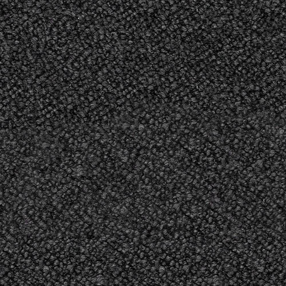 Close-up of dark charcoal boucle upholstery fabric showing dense looped texture, a 12% wool / 25% acrylic / 63% triacetate blend suitable for contemporary sofa upholstery.