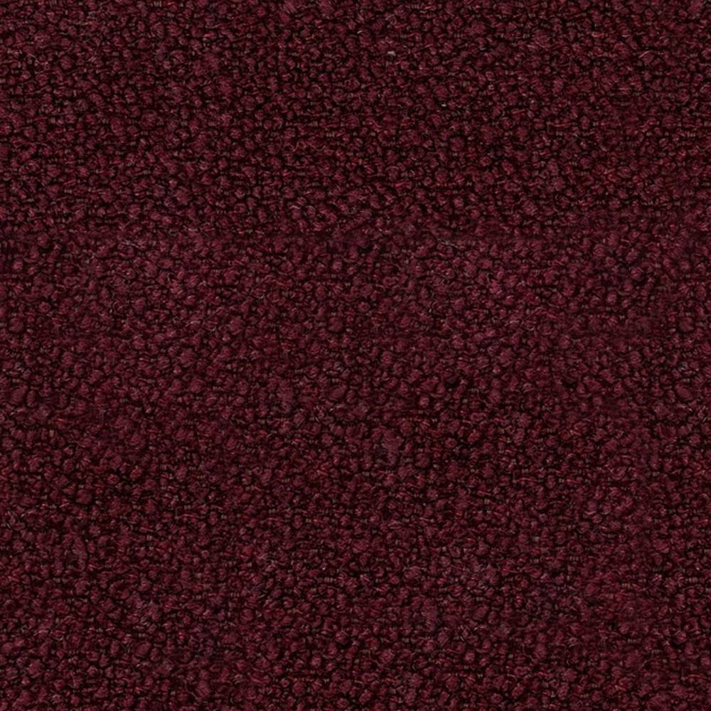 Close-up of deep burgundy boucle upholstery fabric showing dense looped texture; 12% wool, 25% acrylic, 63% triacetate blend ideal for contemporary modern sofas.