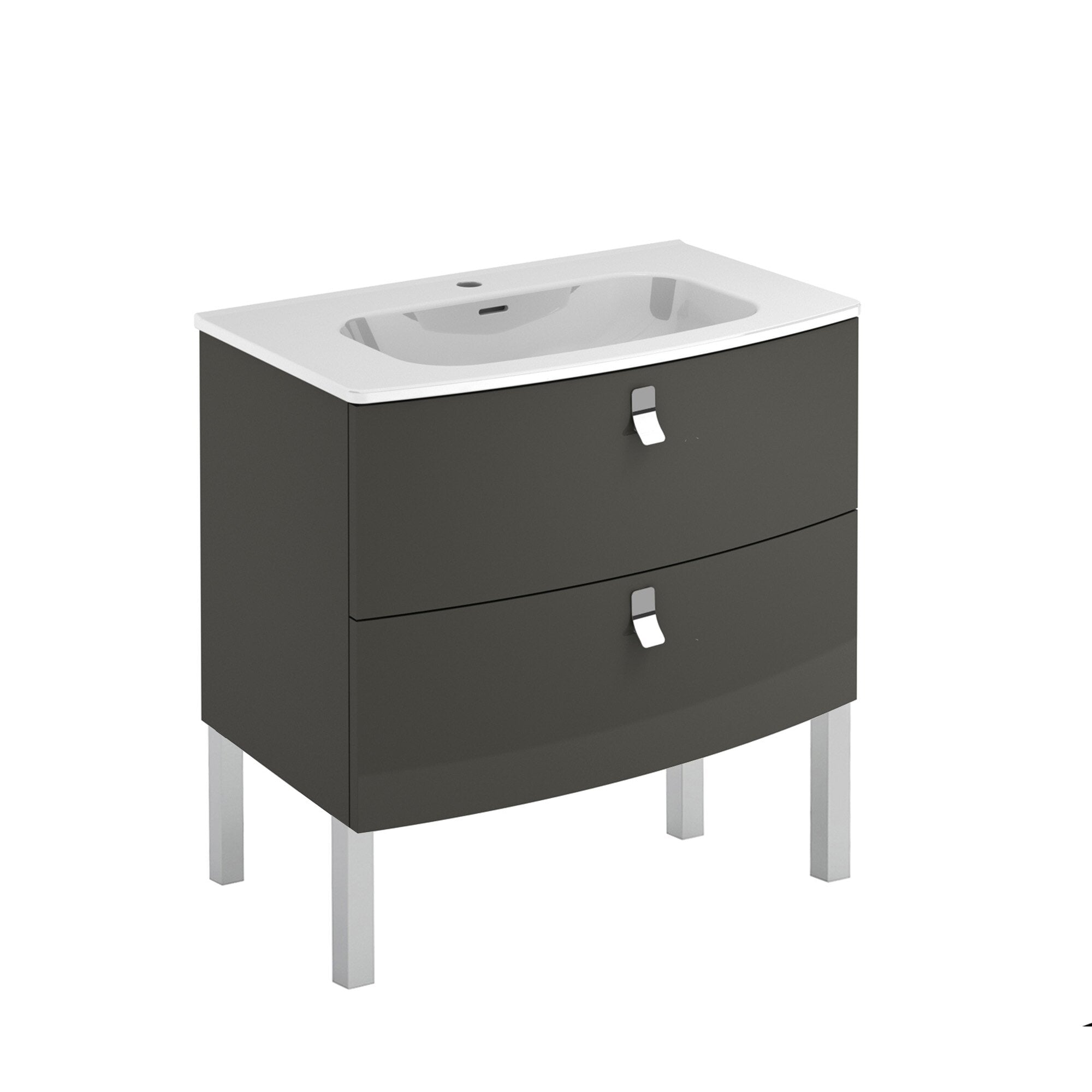 Freestanding modern single-sink bathroom vanity with solid wood anthracite cabinet, white integrated ceramic sink top, two curved drawers with chrome loop handles and square chrome legs.