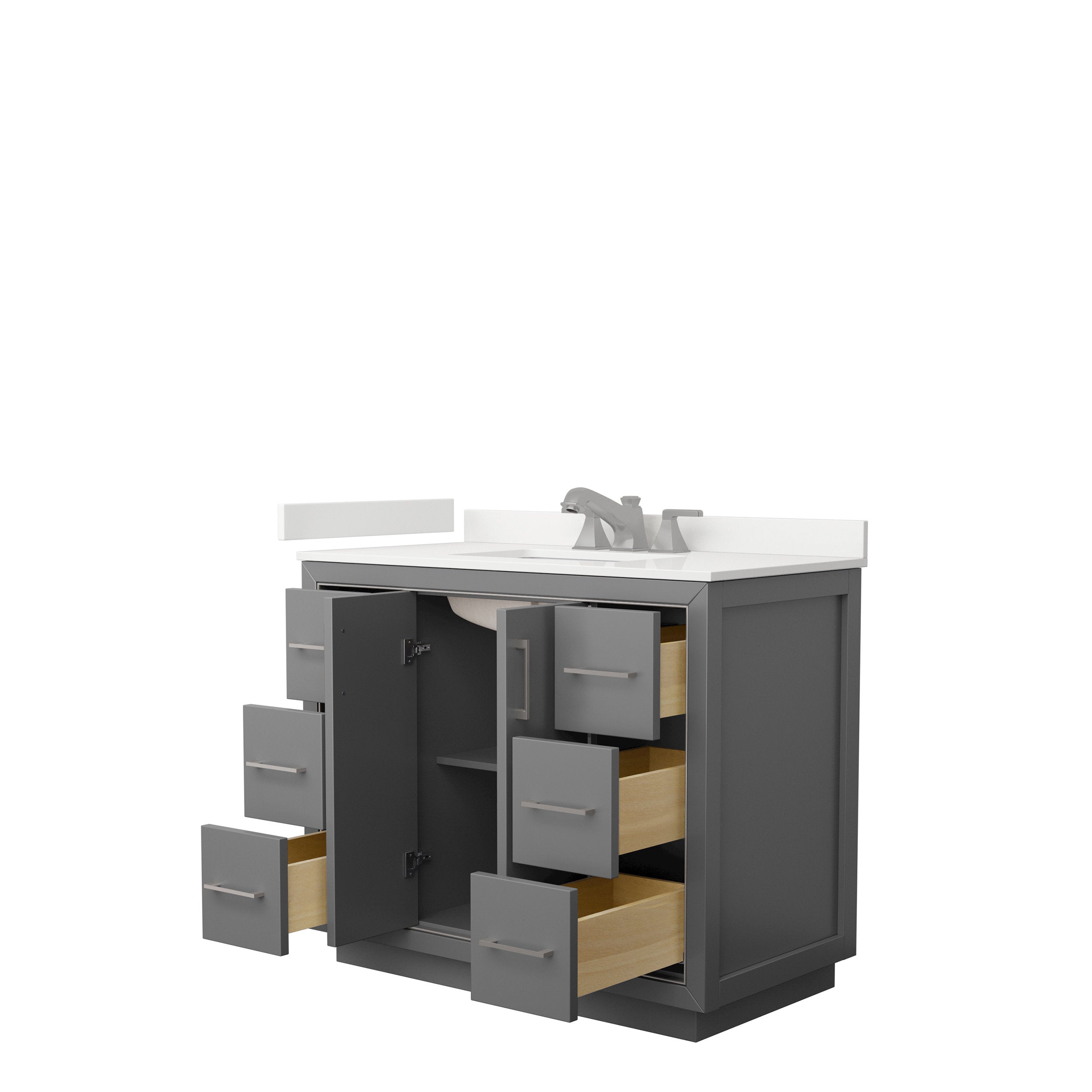 42-inch modern gray solid wood bathroom vanity with white stone countertop and integrated rectangular sink; center cabinet and six drawers open to reveal natural wood interiors and metal bar-pull handles.