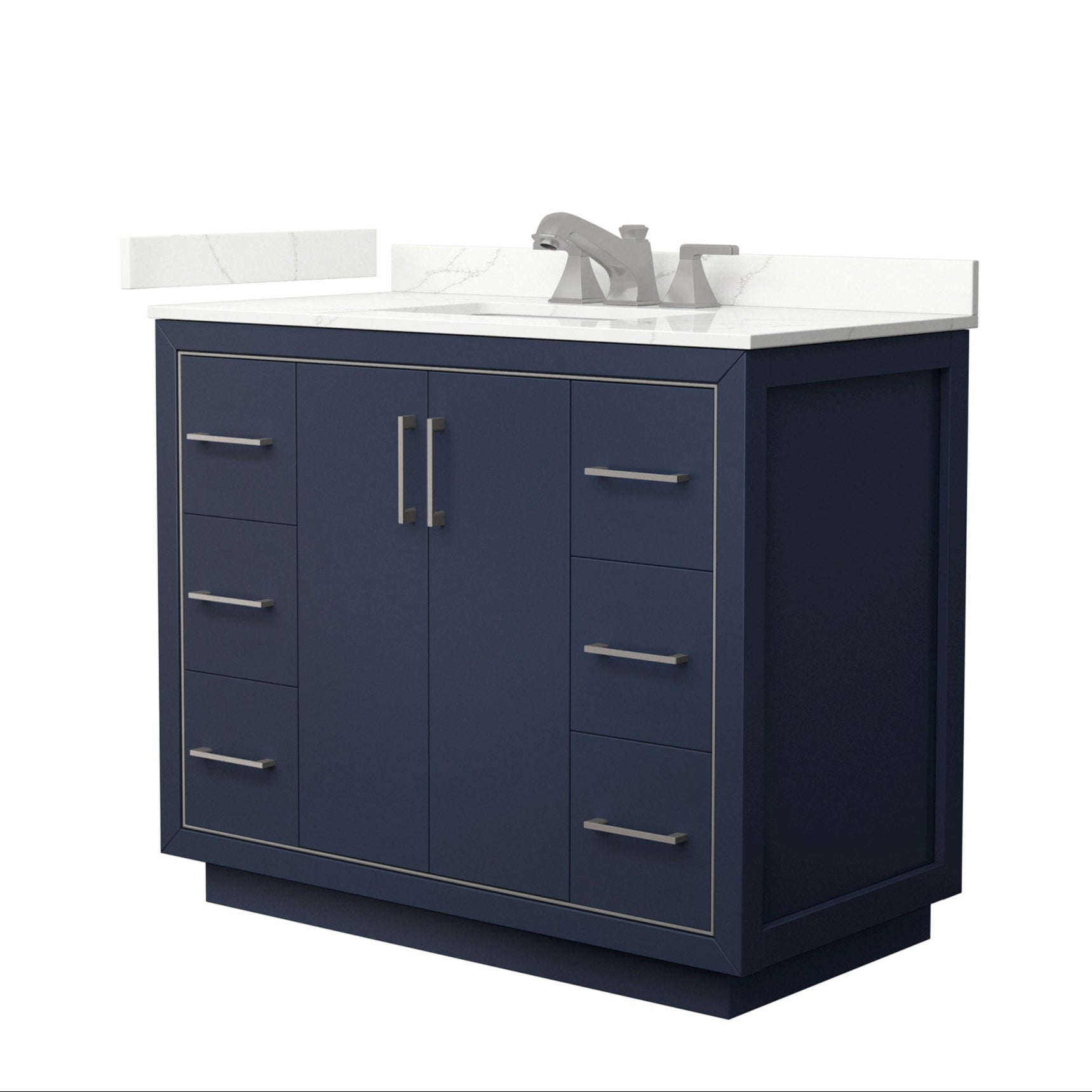 42-inch modern navy solid-wood bathroom vanity with white stone countertop and integrated sink, brushed nickel faucet and slim metal handles, center double-door cabinet flanked by three drawers on each side.