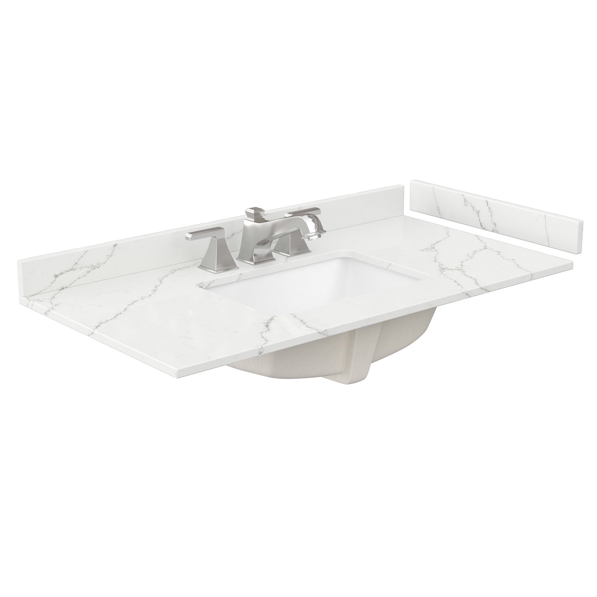 White stone quartz vanity top with subtle gray veining, rectangular undermount ceramic sink, short backsplash and brushed-nickel widespread faucet for a modern 42-inch bathroom vanity.