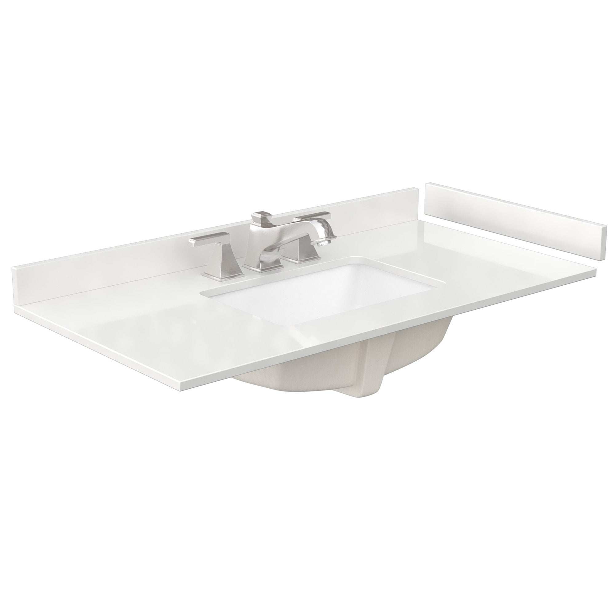 Stone-colored bathroom vanity top with integrated white ceramic rectangular sink, low stone backsplash and modern brushed-nickel widespread faucet, shown as a countertop unit without the base cabinet.
