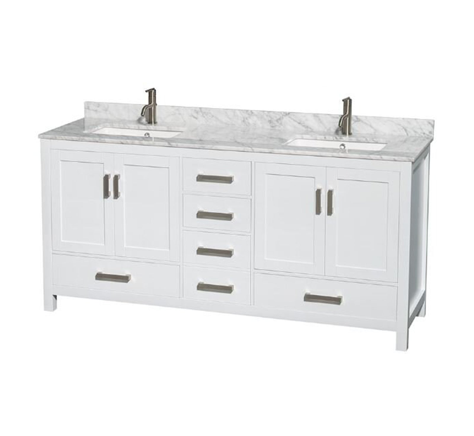 72-inch white solid-wood bathroom vanity with a stone marble-look countertop and low backsplash, two rectangular undermount sinks, brushed chrome single-handle faucets and matching hardware, center drawers and cabinet storage.