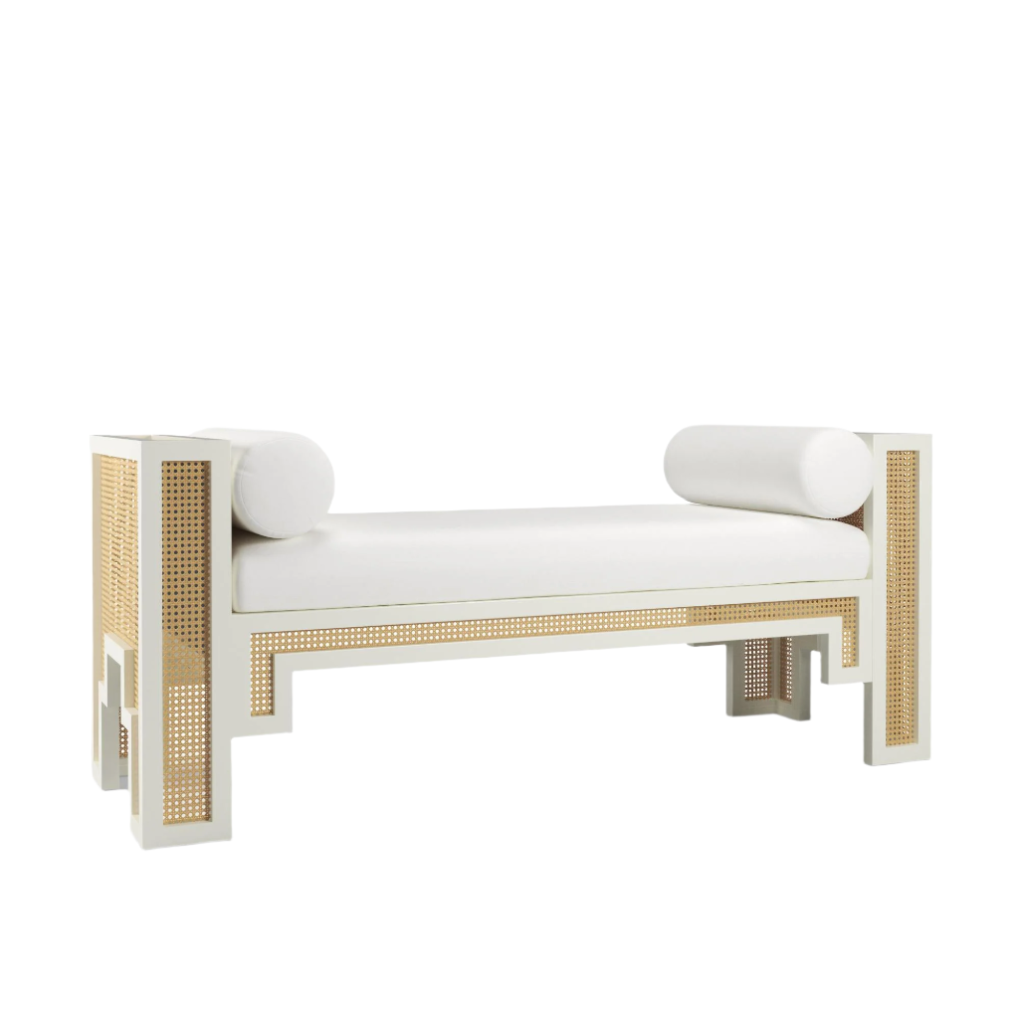 75-inch white upholstered end-of-bed bench featuring a painted wood frame with natural rattan-woven panels, geometric stepped legs and two cylindrical bolster pillows — low-profile boho-scandinavian design in natural and white tones.