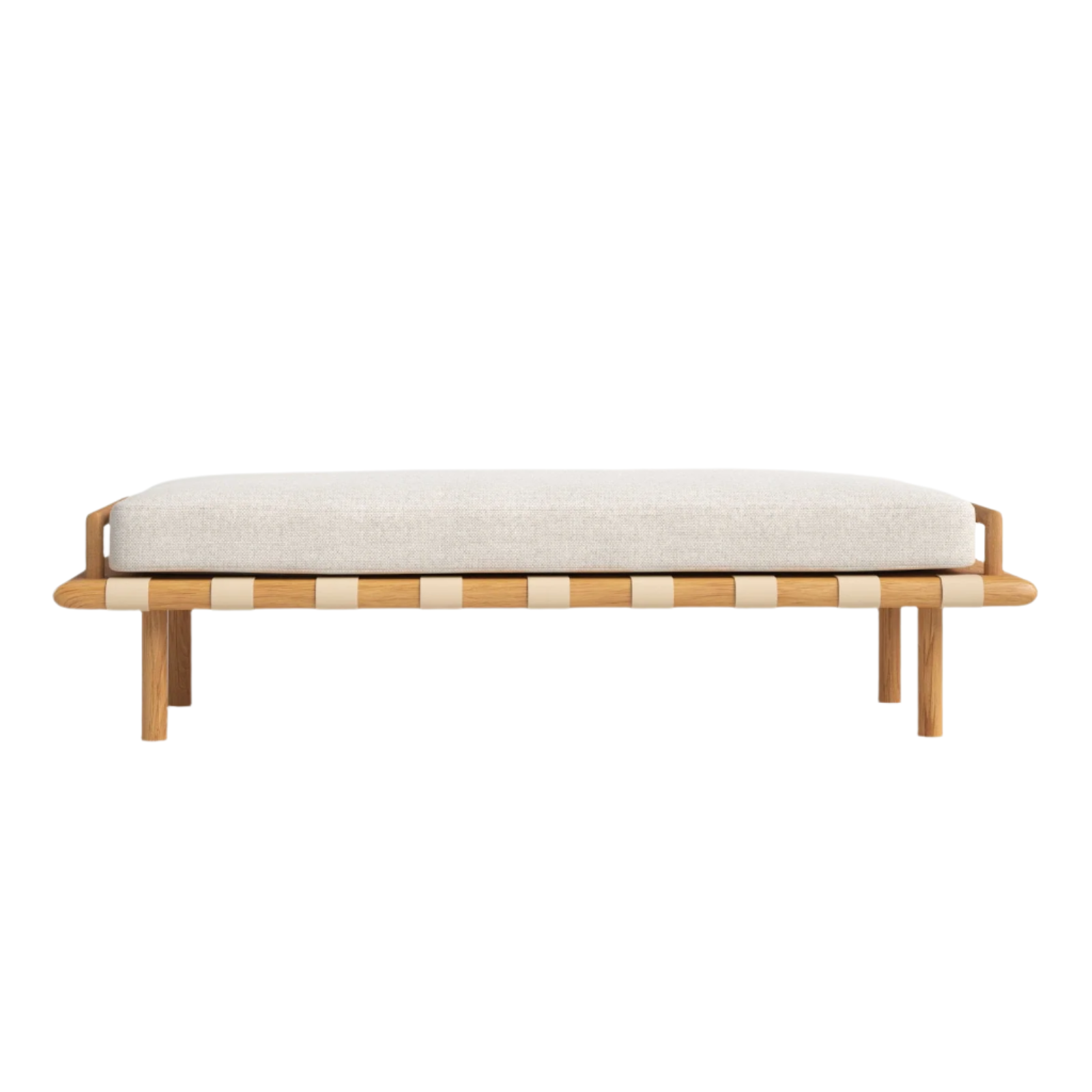 75-inch bench with a light beige bouclé cushion resting on a natural oak frame with cream strap webbing and round tapered legs, a low-profile coastal-contemporary end-of-bed design.