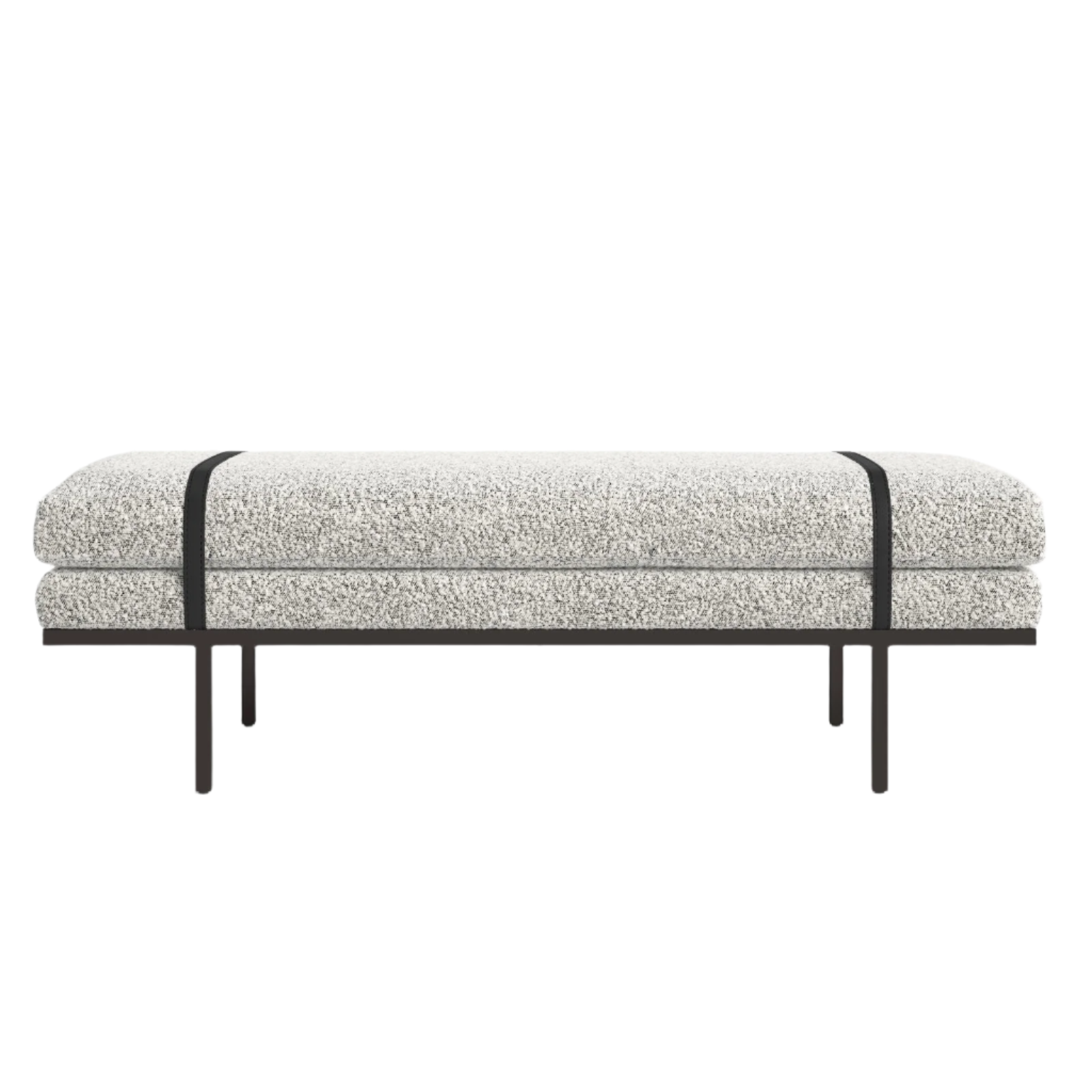 75-inch backless end-of-bed bench upholstered in natural boucle with two black straps over the cushion and a slim dark metal frame with four legs.