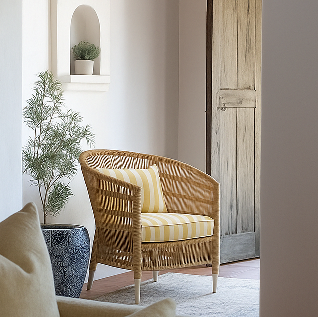 Sirena Wicker chair with yellow striped cushion in a room with a plant and wooden door. By interiortonic.com
