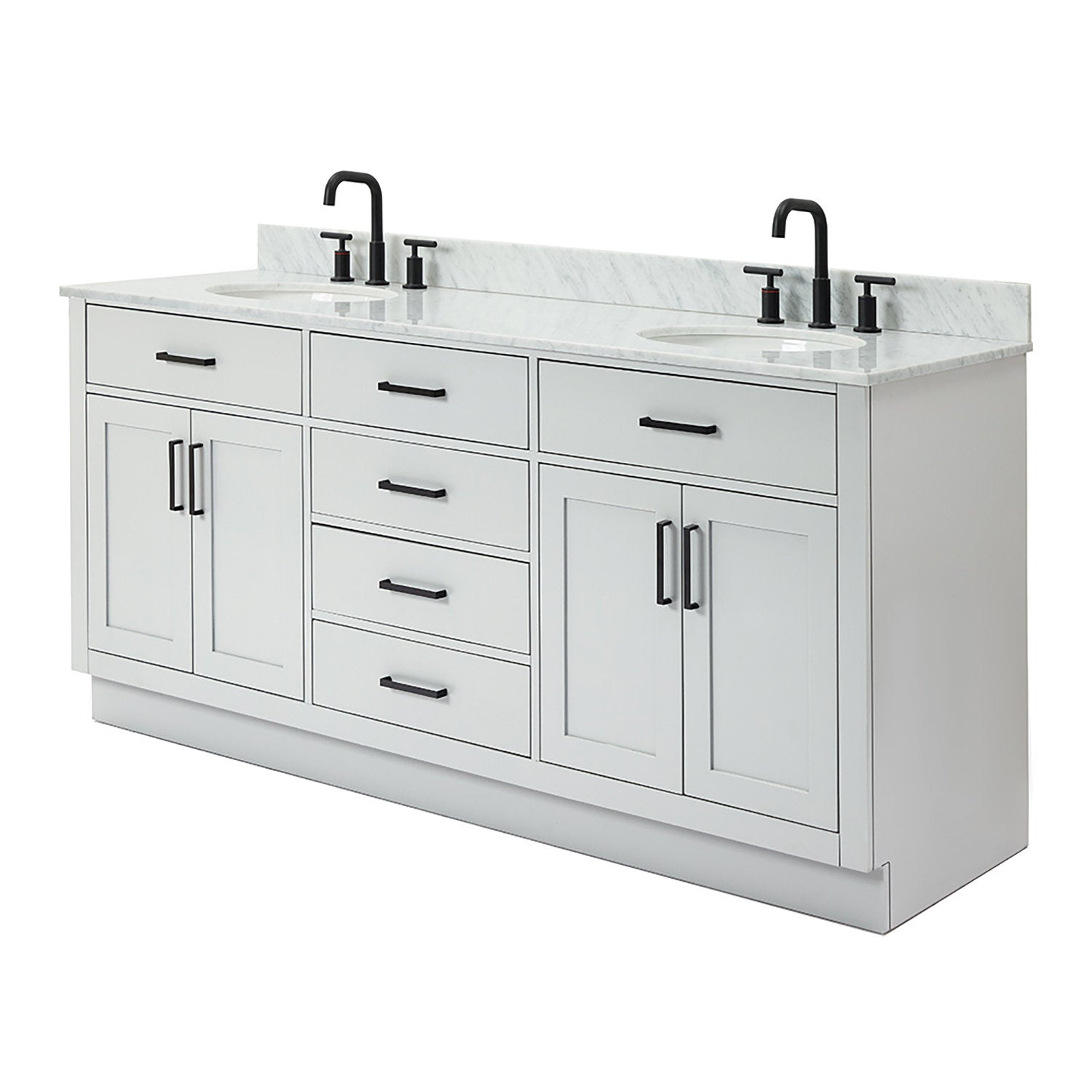 73-inch modern white solid wood double-sink bathroom vanity with white Giotto quartz countertop, two undermount ceramic sinks, and matte black faucets with matching black drawer and door pulls.