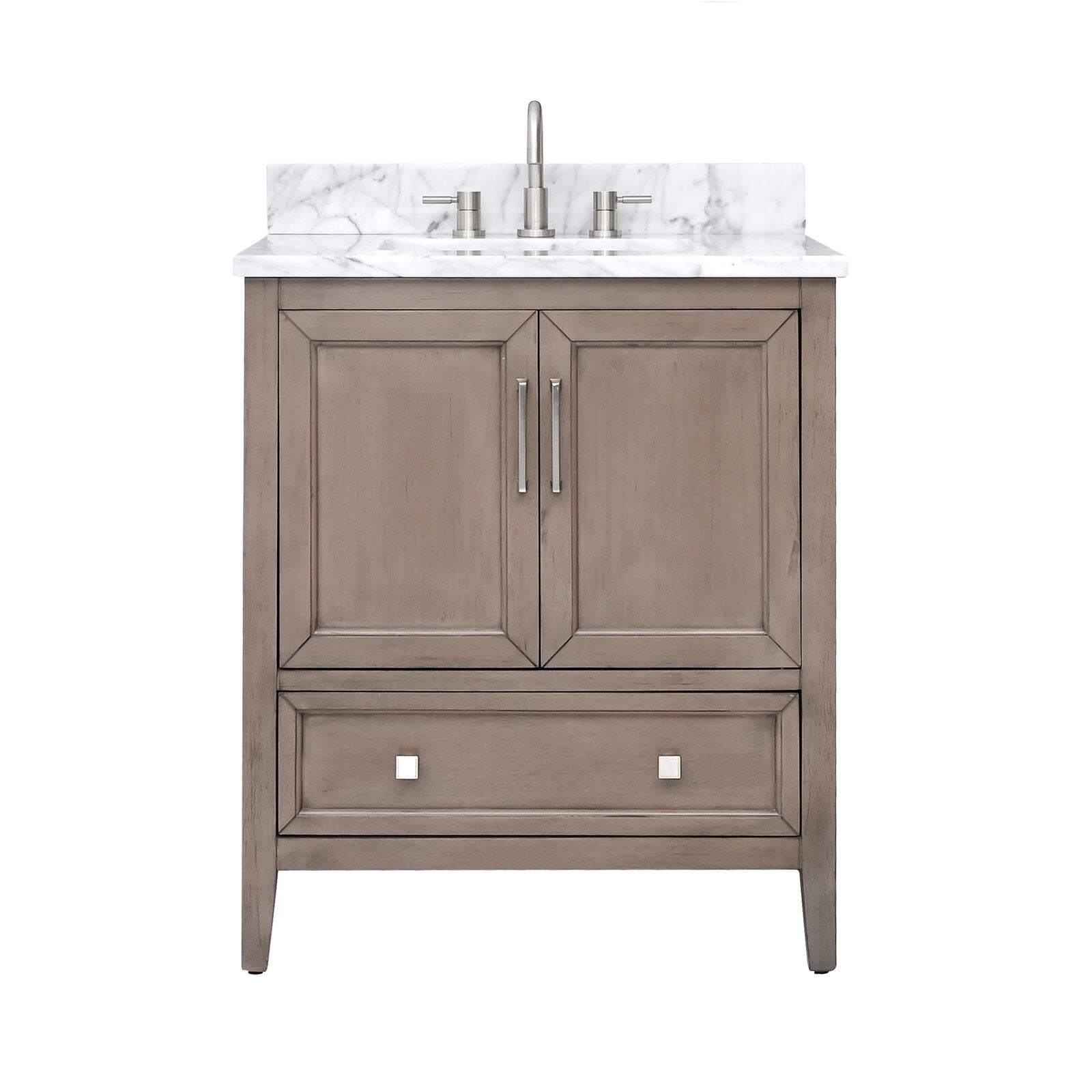 Front view of a modern solid wood single-sink bathroom vanity in stone finish with a white marble stone top and backsplash, two paneled doors, a lower drawer, and brushed nickel faucet and hardware.