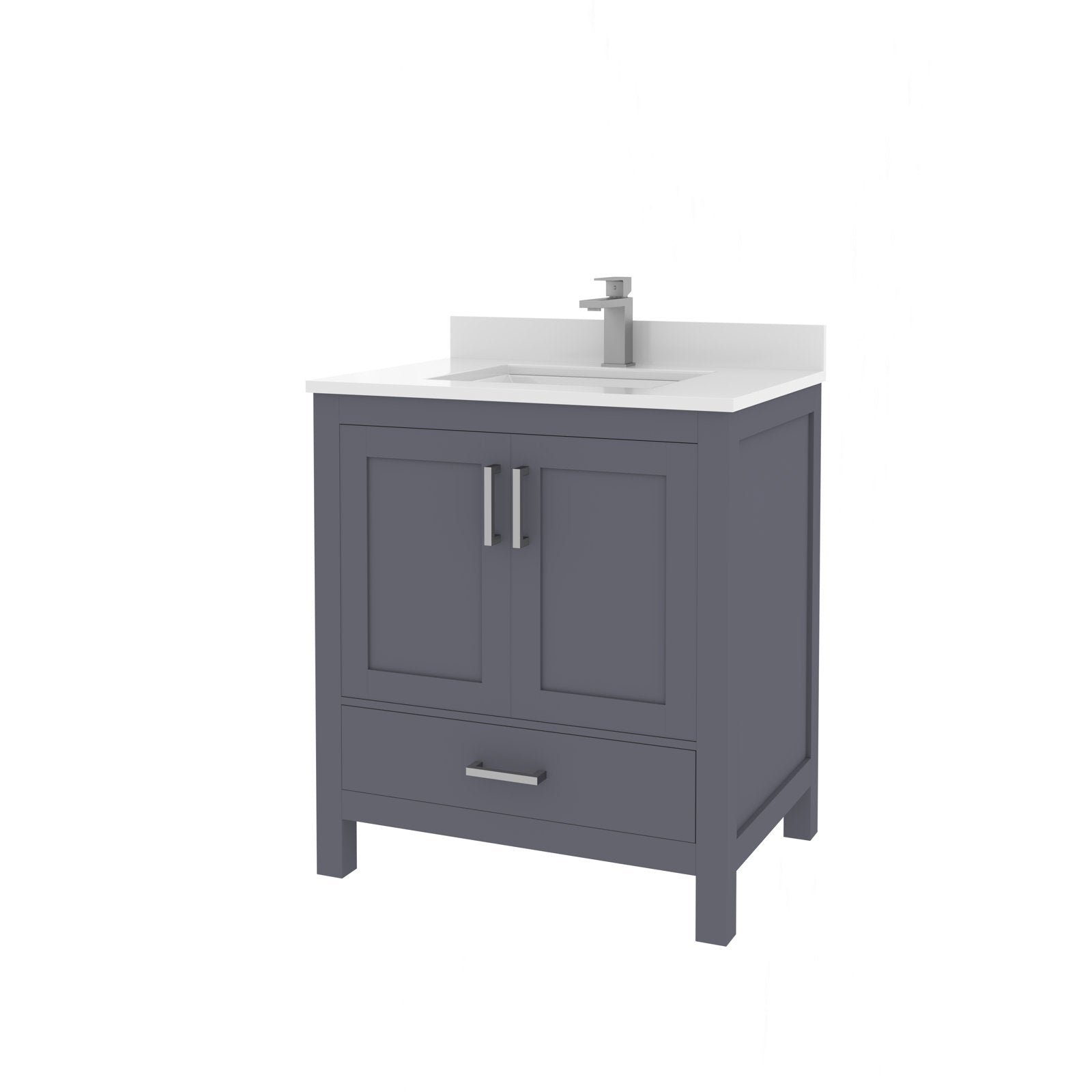 Freestanding 30-inch modern bathroom vanity with a gray solid-wood base, white stone countertop and integrated rectangular sink, chrome single-handle faucet, two framed doors and a lower storage drawer with metal pulls.