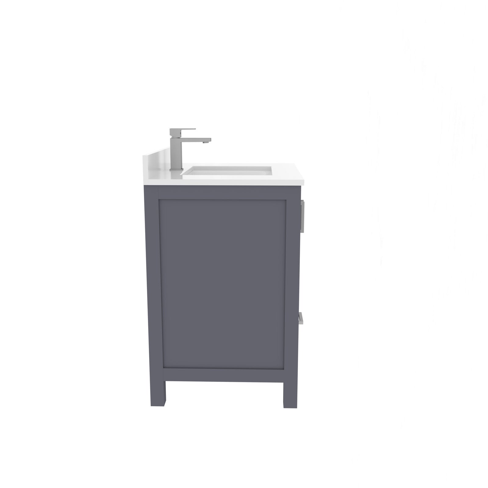 Side view of a 30-inch modern freestanding bathroom vanity with a gray wooden base, white stone countertop, integrated rectangular sink and chrome single-lever faucet.