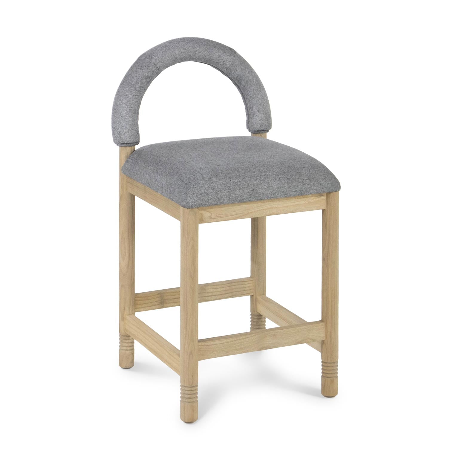 Counter stool with a natural oak frame and square legs, upholstered in gray boucle fabric with a rounded padded arched backrest and cushioned seat, plus oak stretchers that serve as a footrest.